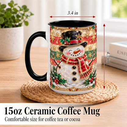 #pl[15oz|Black] Jeweled Top Hat Snowman Coffee Mug, Christmas Snowman Mug, Ceramic Cup