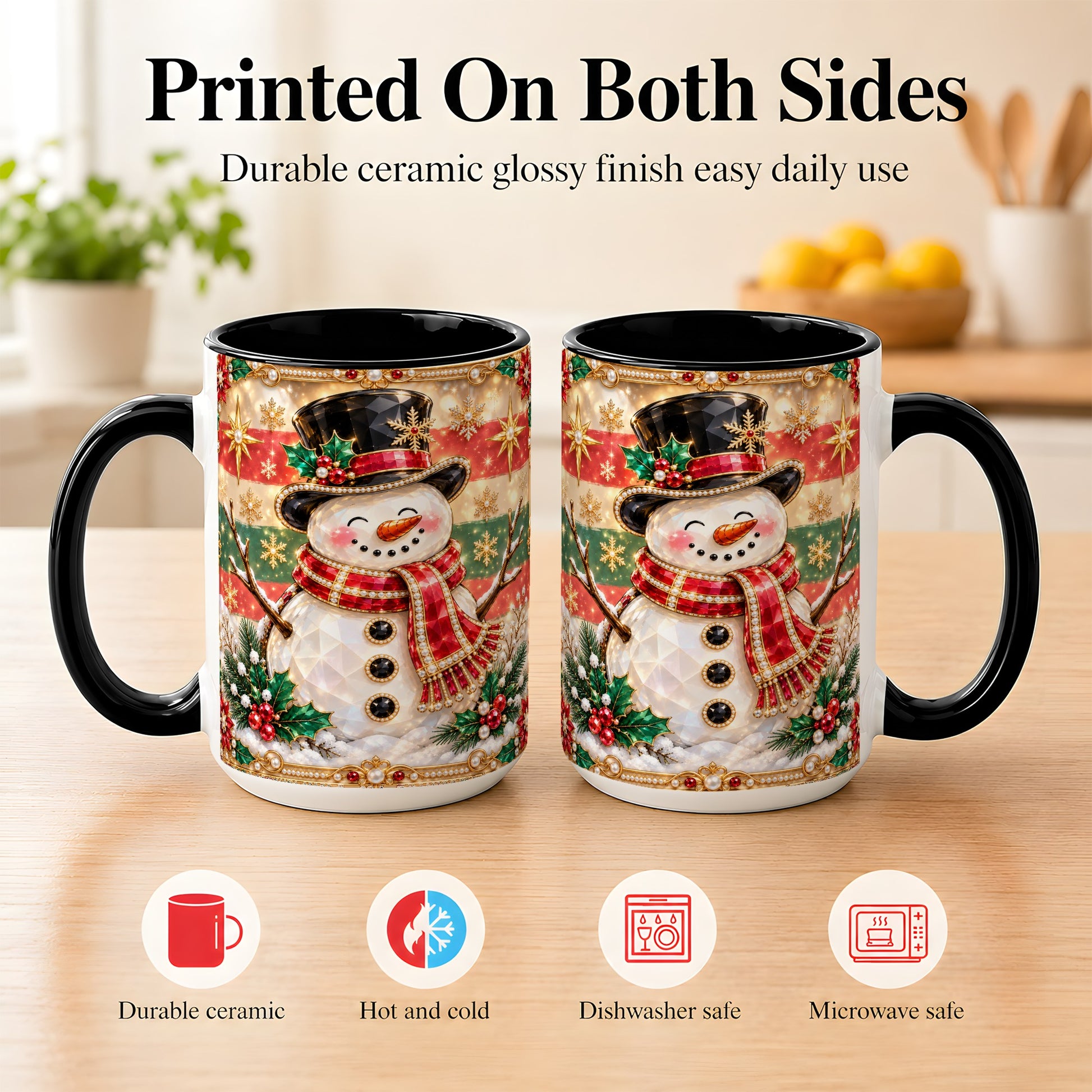 #pl[15oz|Black] Jeweled Top Hat Snowman Coffee Mug, Christmas Snowman Mug, Ceramic Cup