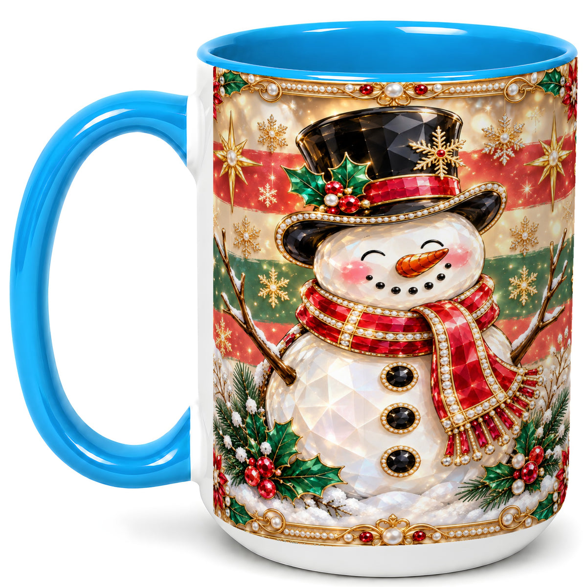 #pl[15oz|Blue] Jeweled Top Hat Snowman Coffee Mug, Christmas Snowman Mug, Ceramic Cup
