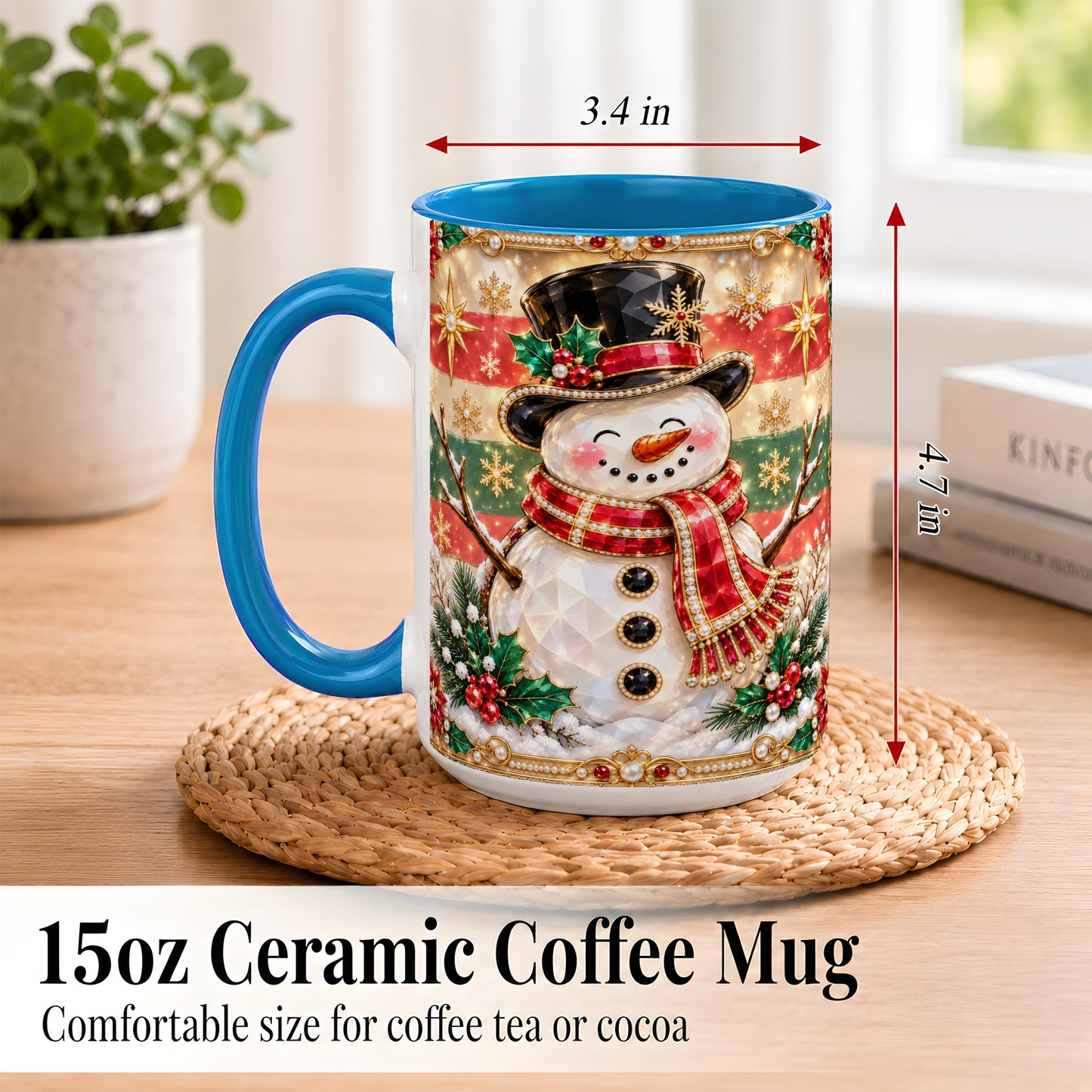 #pl[15oz|Blue] Jeweled Top Hat Snowman Coffee Mug, Christmas Snowman Mug, Ceramic Cup