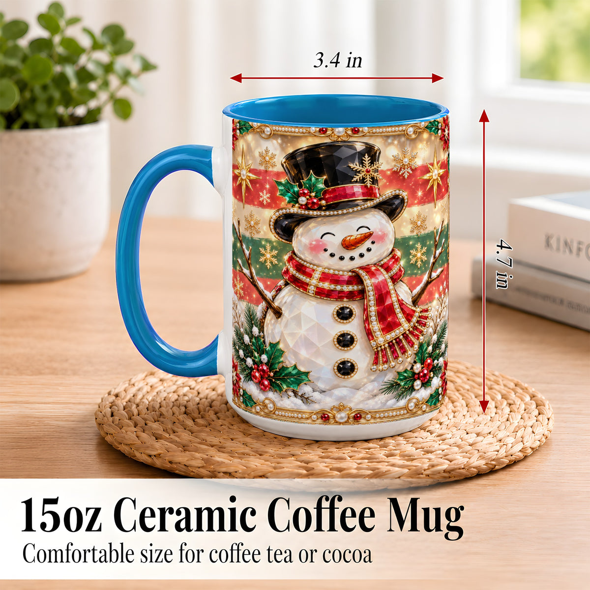 #pl[15oz|Blue] Jeweled Top Hat Snowman Coffee Mug, Christmas Snowman Mug, Ceramic Cup