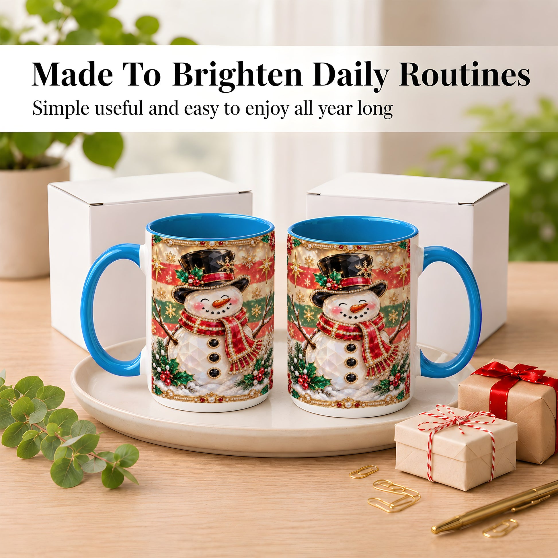 #pl[15oz|Blue] Jeweled Top Hat Snowman Coffee Mug, Christmas Snowman Mug, Ceramic Cup