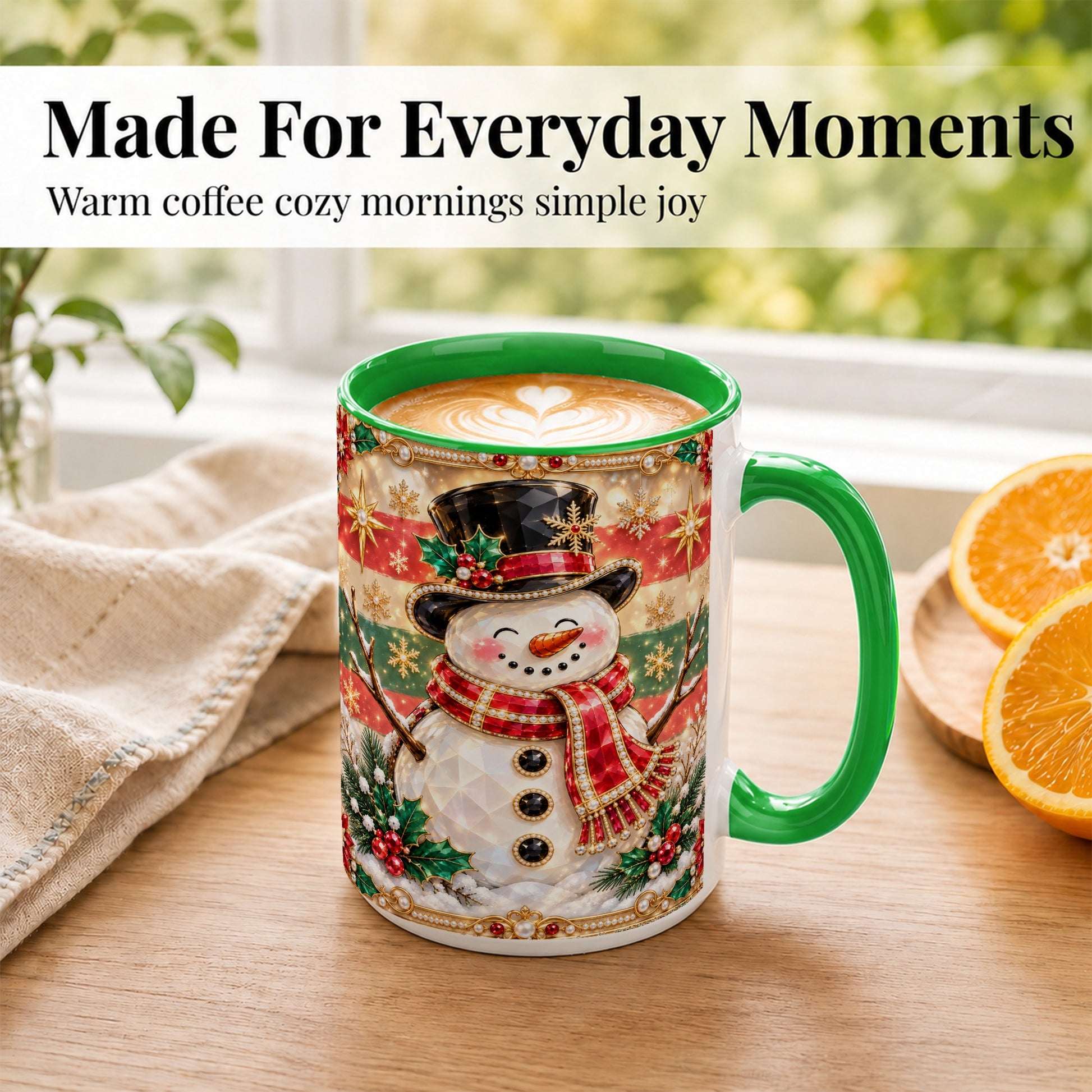 #pl[15oz|Green] Jeweled Top Hat Snowman Coffee Mug, Christmas Snowman Mug, Ceramic Cup