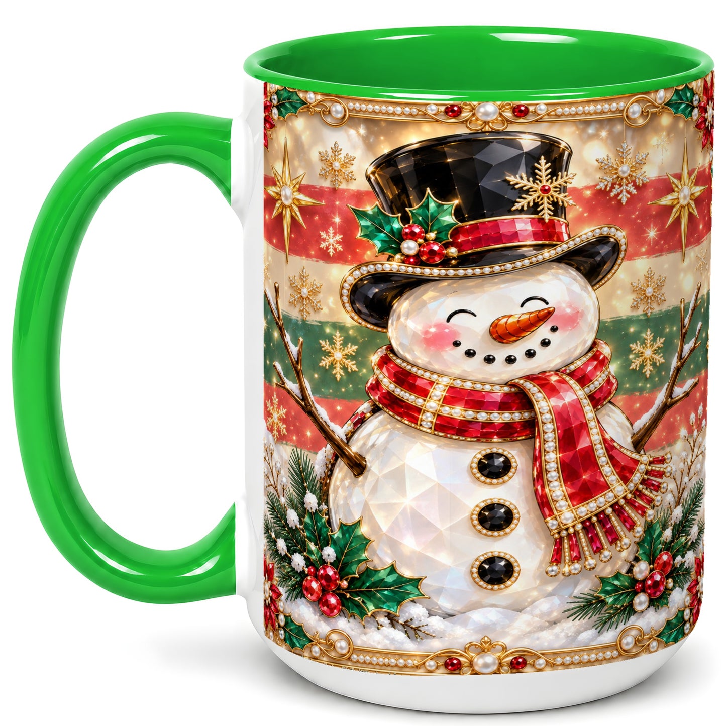 #pl[15oz|Green] Jeweled Top Hat Snowman Coffee Mug, Christmas Snowman Mug, Ceramic Cup