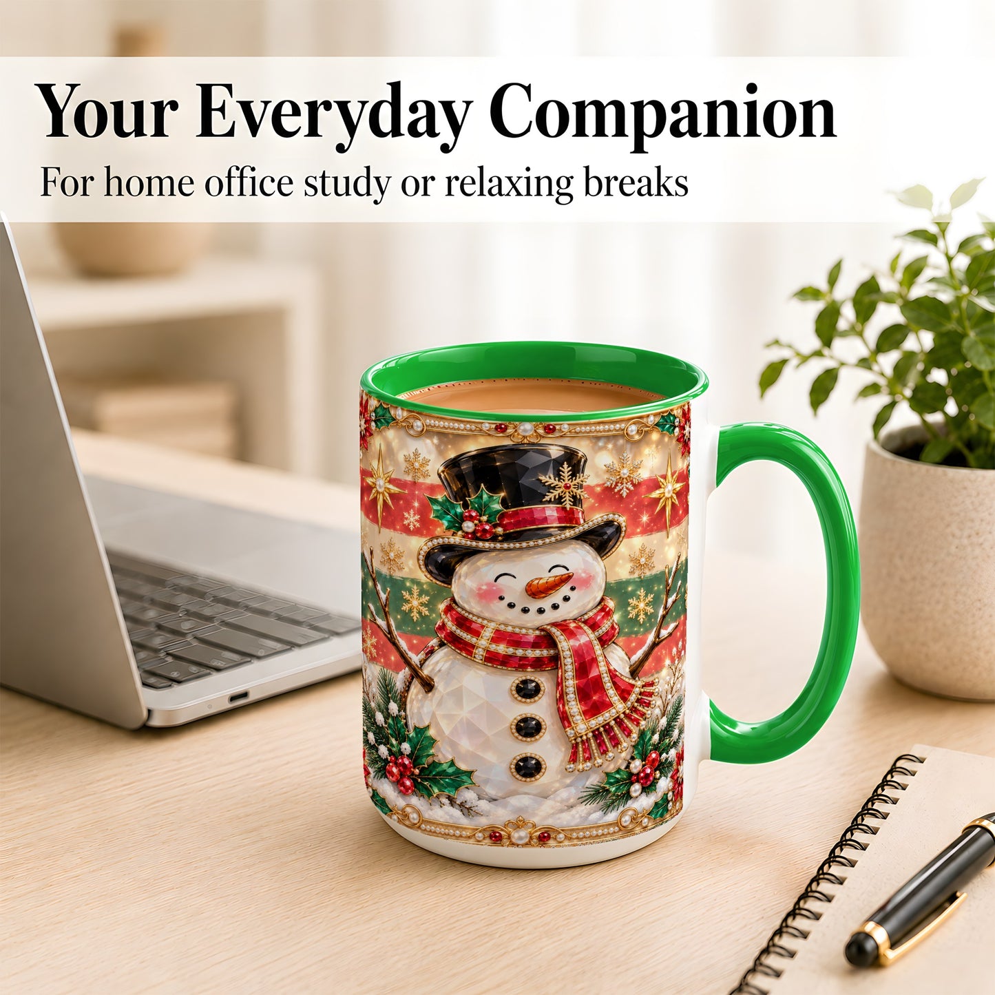 #pl[15oz|Green] Jeweled Top Hat Snowman Coffee Mug, Christmas Snowman Mug, Ceramic Cup