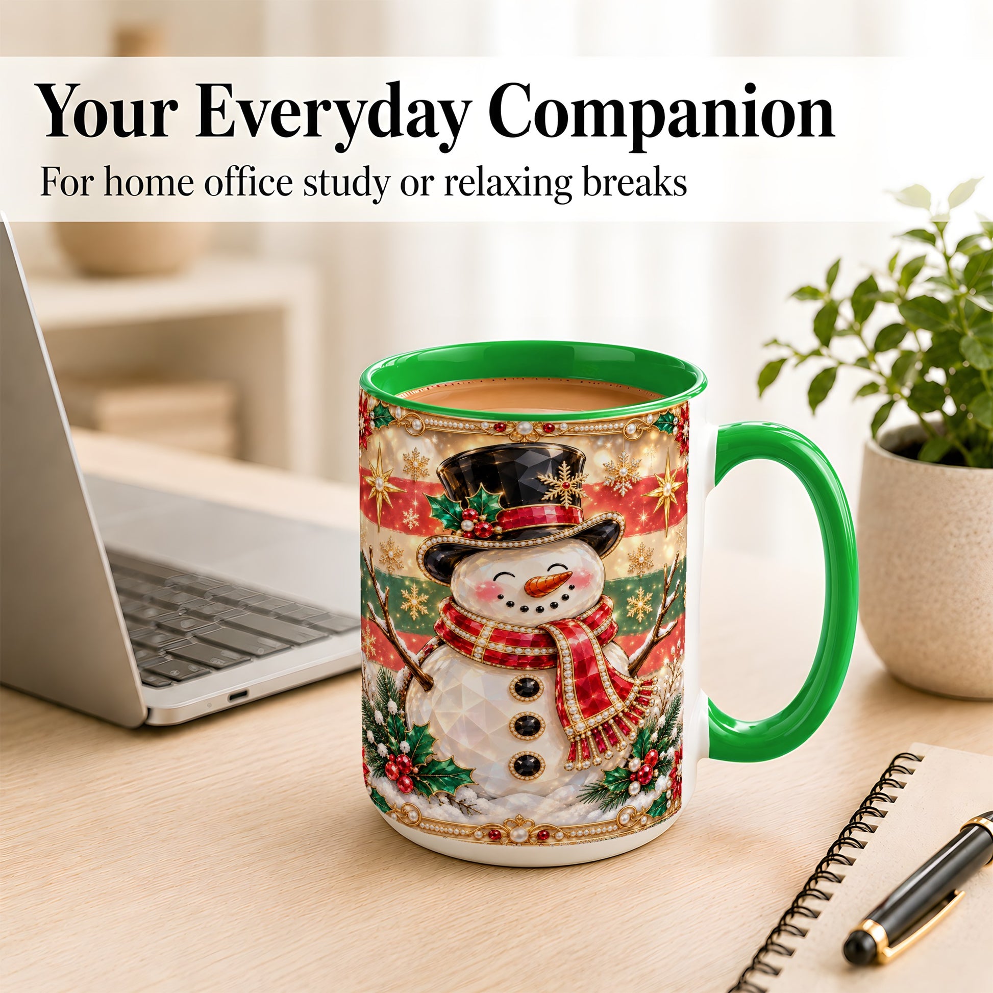 #pl[15oz|Green] Jeweled Top Hat Snowman Coffee Mug, Christmas Snowman Mug, Ceramic Cup