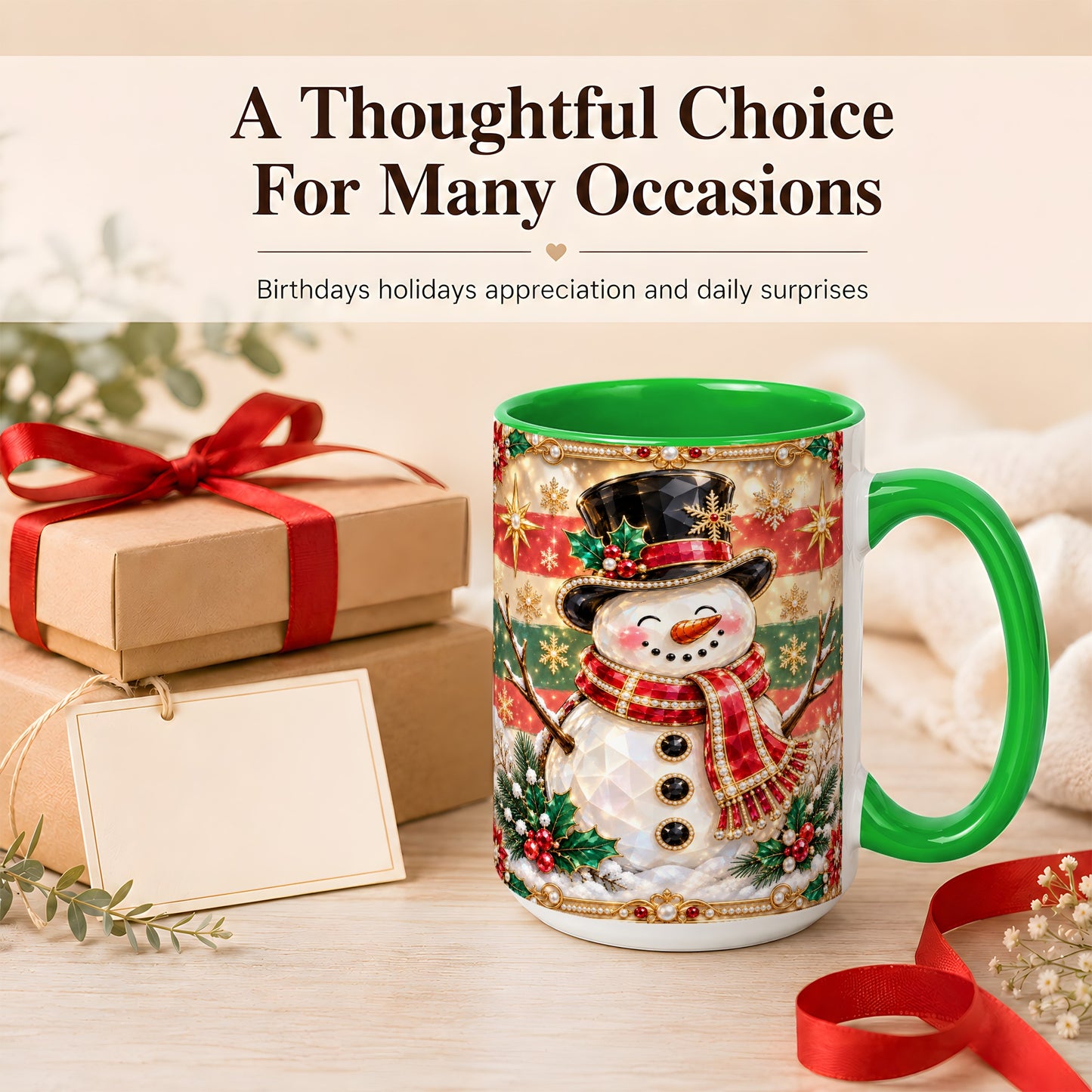 #pl[15oz|Green] Jeweled Top Hat Snowman Coffee Mug, Christmas Snowman Mug, Ceramic Cup