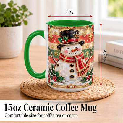 #pl[15oz|Green] Jeweled Top Hat Snowman Coffee Mug, Christmas Snowman Mug, Ceramic Cup