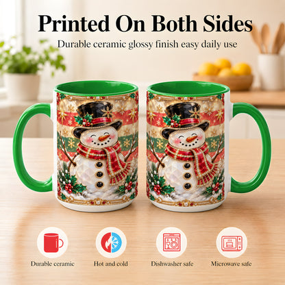 #pl[15oz|Green] Jeweled Top Hat Snowman Coffee Mug, Christmas Snowman Mug, Ceramic Cup