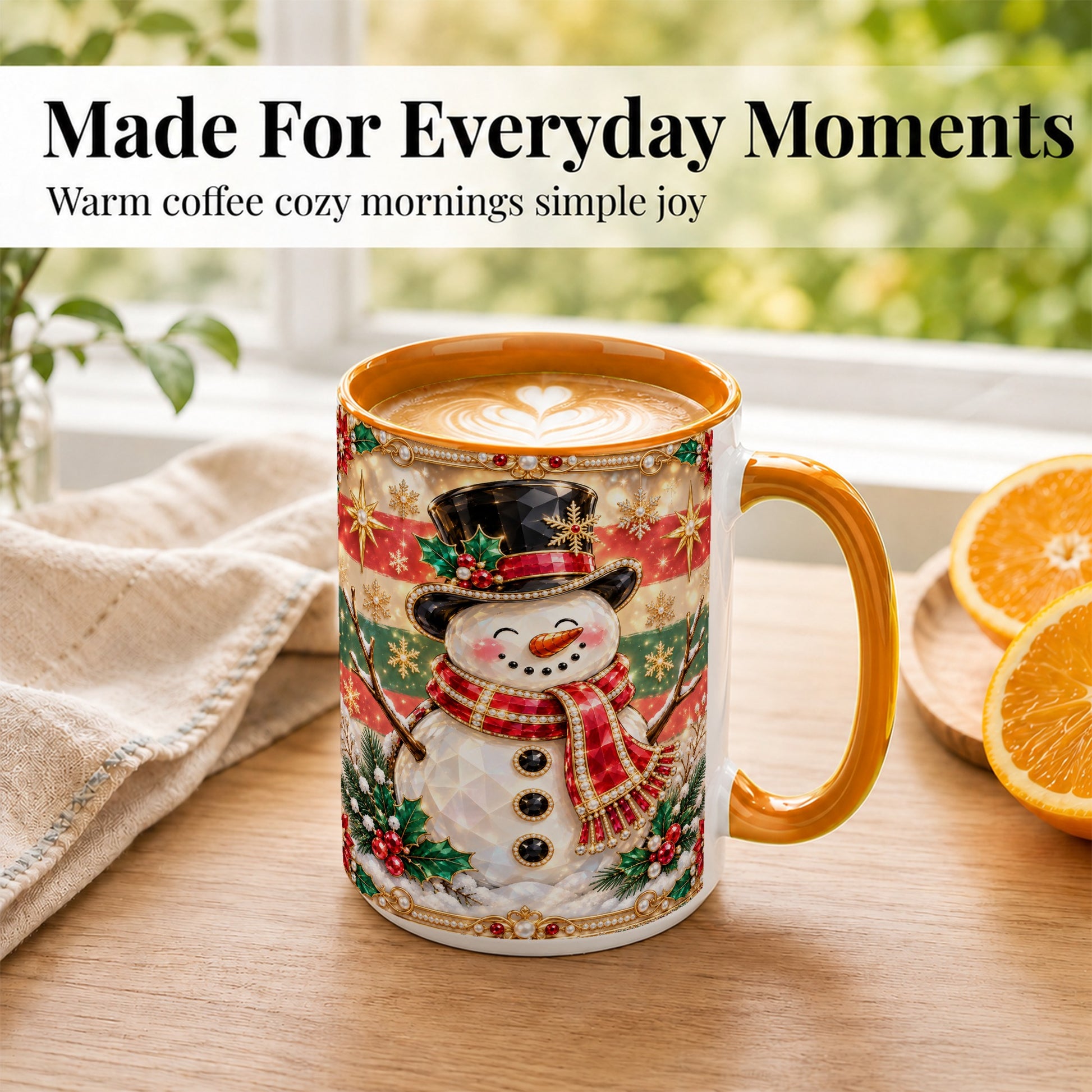 #pl[15oz|Orange] Jeweled Top Hat Snowman Coffee Mug, Christmas Snowman Mug, Ceramic Cup