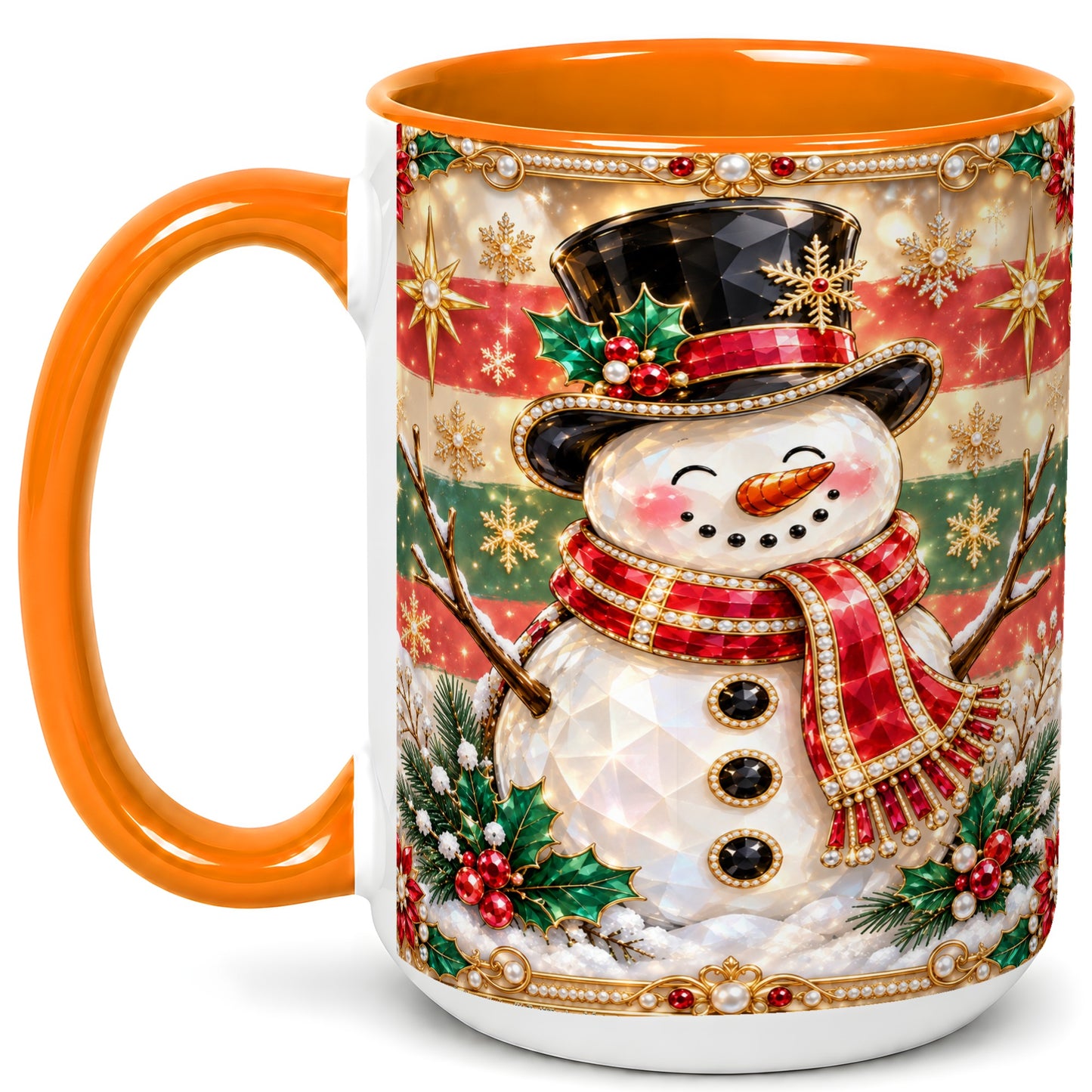 #pl[15oz|Orange] Jeweled Top Hat Snowman Coffee Mug, Christmas Snowman Mug, Ceramic Cup