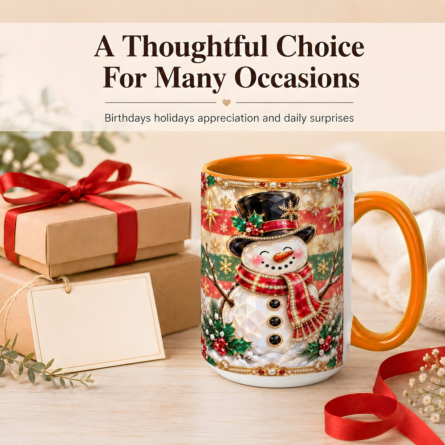 #pl[15oz|Orange] Jeweled Top Hat Snowman Coffee Mug, Christmas Snowman Mug, Ceramic Cup