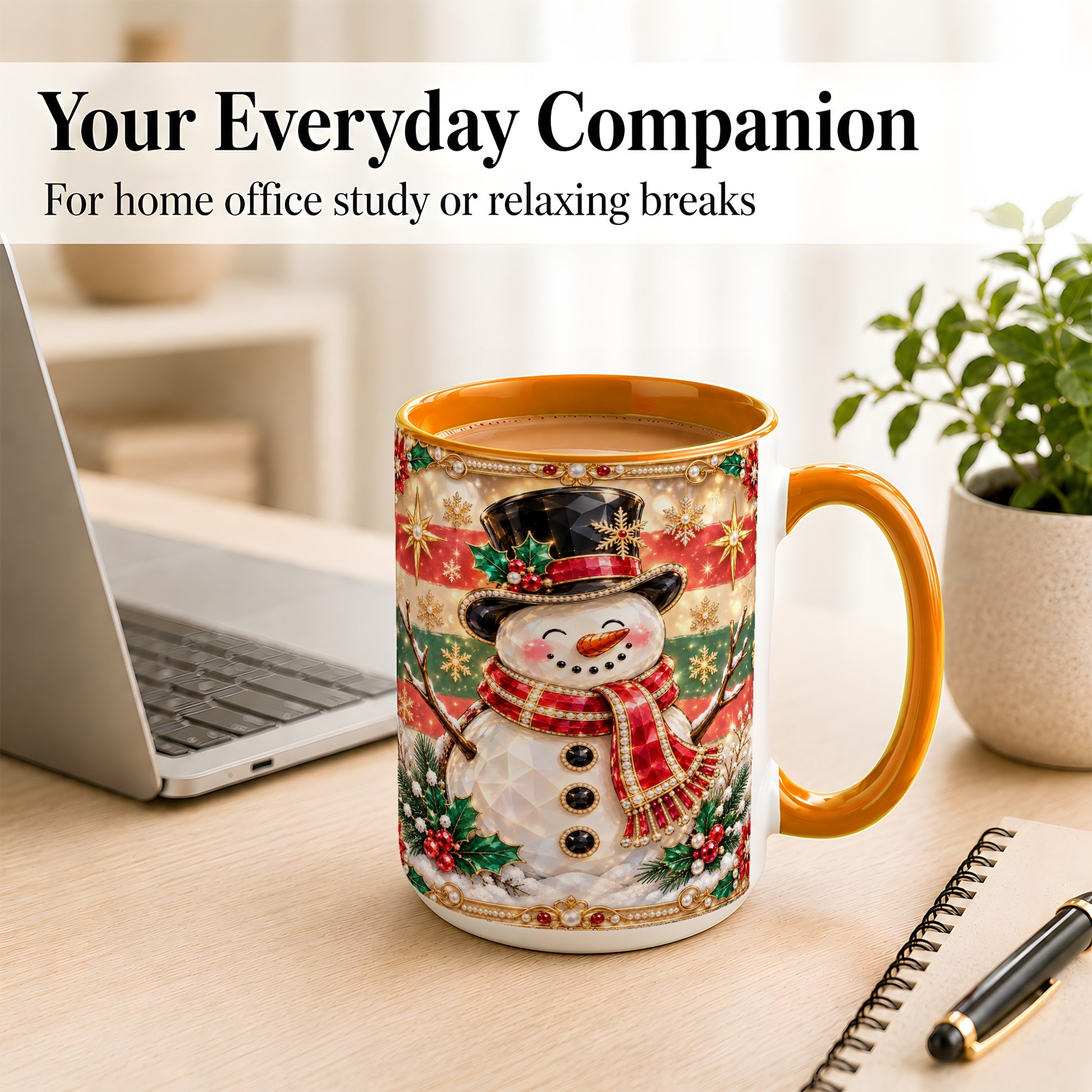 #pl[15oz|Orange] Jeweled Top Hat Snowman Coffee Mug, Christmas Snowman Mug, Ceramic Cup