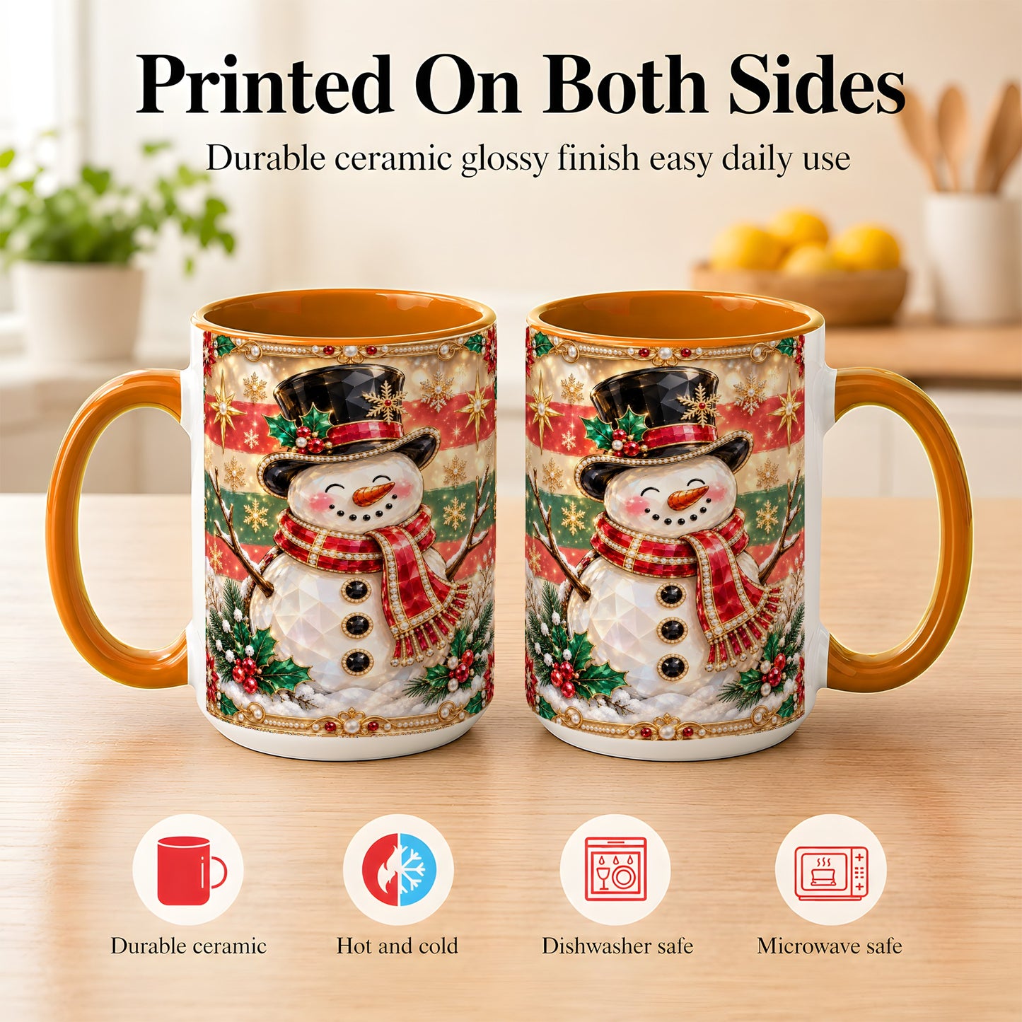 #pl[15oz|Orange] Jeweled Top Hat Snowman Coffee Mug, Christmas Snowman Mug, Ceramic Cup