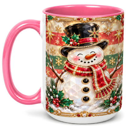 #pl[15oz|Pink] Jeweled Top Hat Snowman Coffee Mug, Christmas Snowman Mug, Ceramic Cup