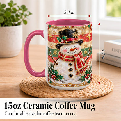 #pl[15oz|Pink] Jeweled Top Hat Snowman Coffee Mug, Christmas Snowman Mug, Ceramic Cup
