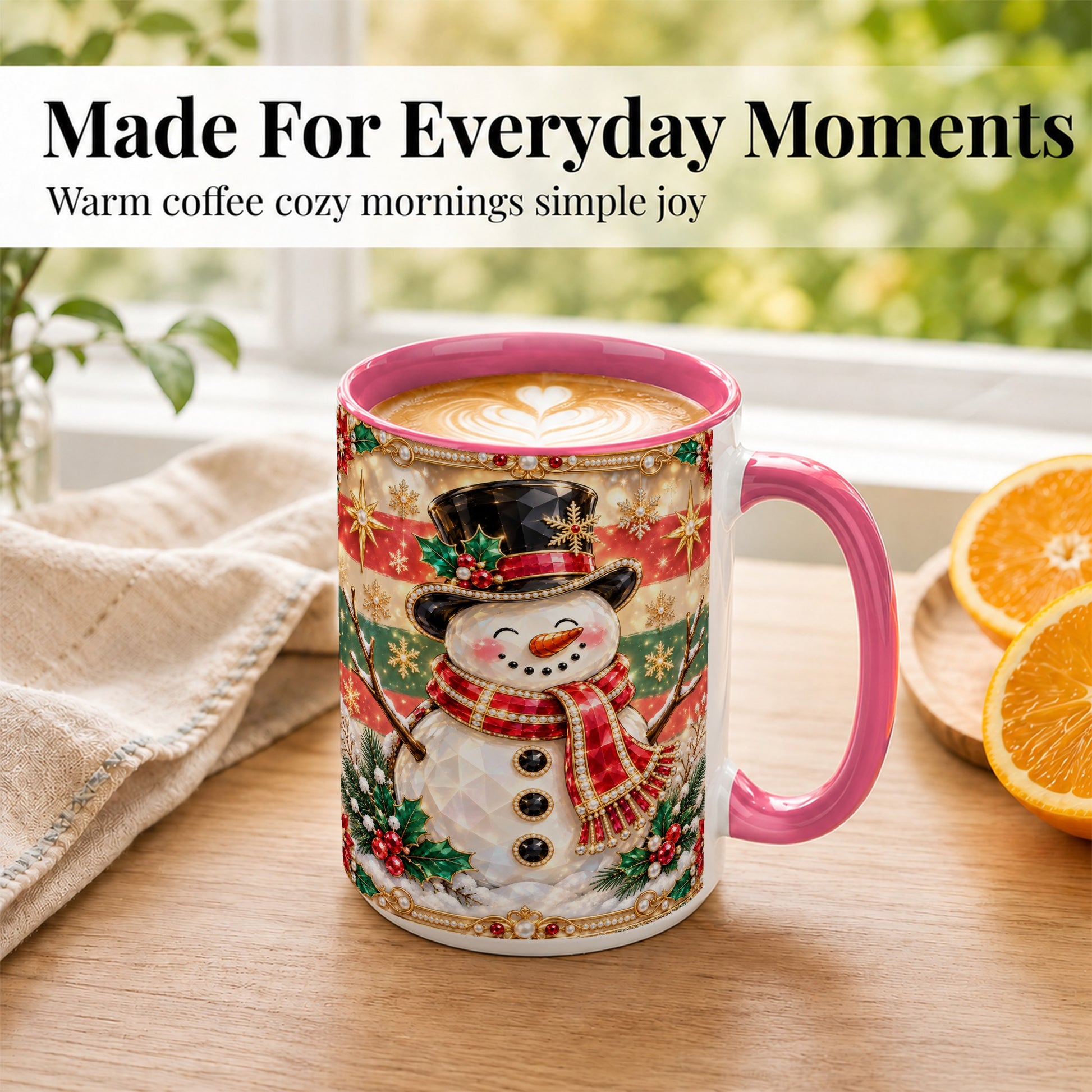 #pl[15oz|Pink] Jeweled Top Hat Snowman Coffee Mug, Christmas Snowman Mug, Ceramic Cup
