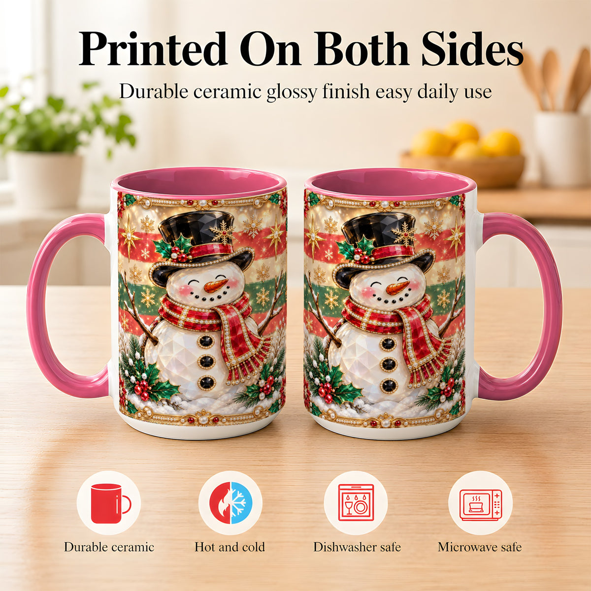 #pl[15oz|Pink] Jeweled Top Hat Snowman Coffee Mug, Christmas Snowman Mug, Ceramic Cup