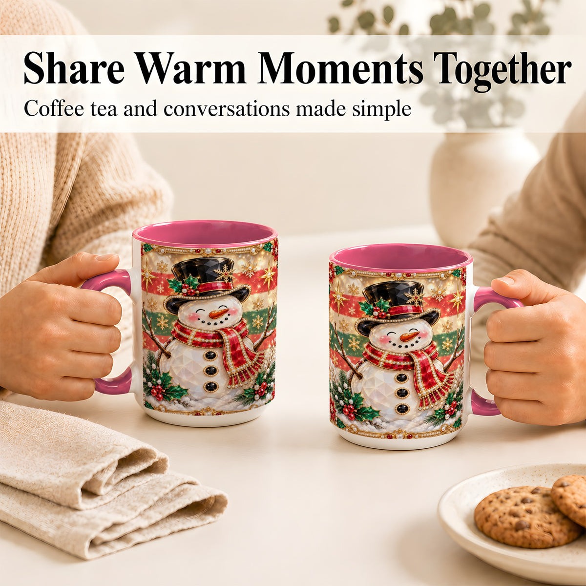 #pl[15oz|Pink] Jeweled Top Hat Snowman Coffee Mug, Christmas Snowman Mug, Ceramic Cup