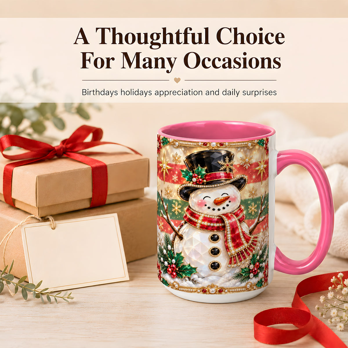 #pl[15oz|Pink] Jeweled Top Hat Snowman Coffee Mug, Christmas Snowman Mug, Ceramic Cup