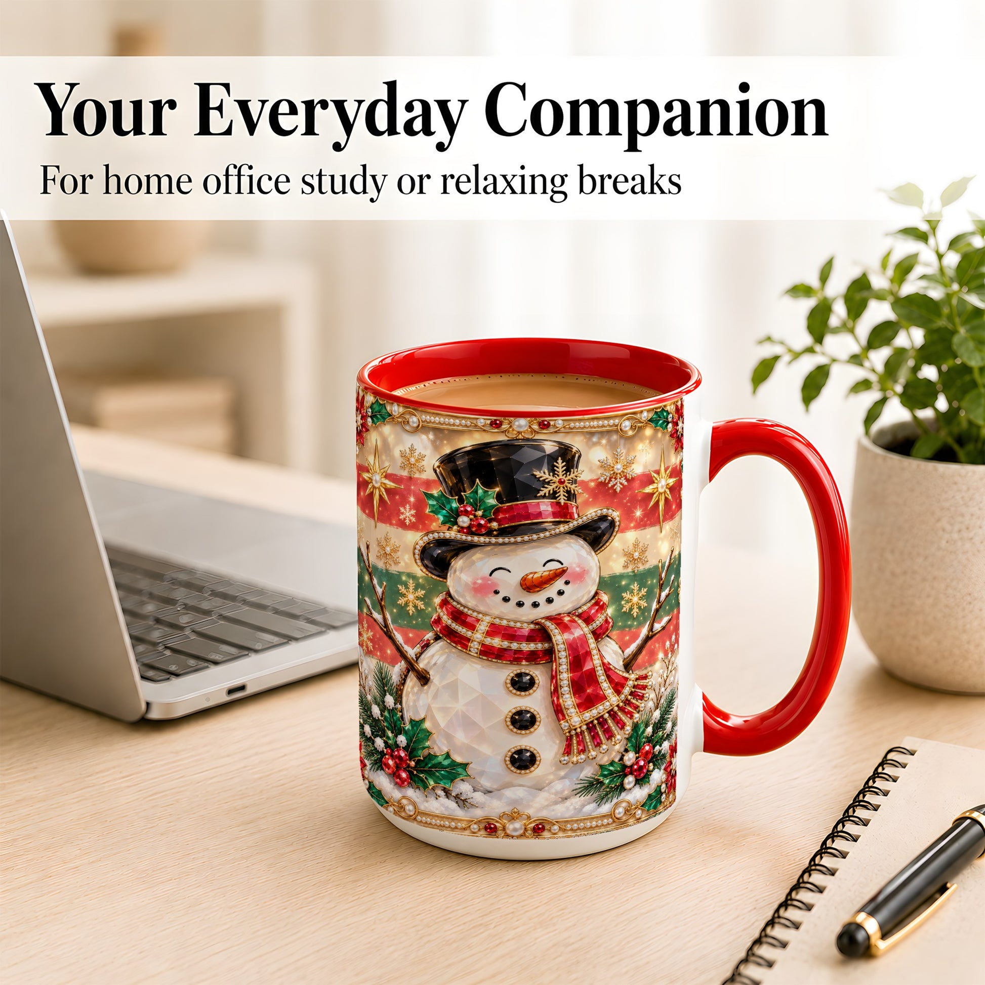 #pl[15oz|Red] Jeweled Top Hat Snowman Coffee Mug, Christmas Snowman Mug, Ceramic Cup