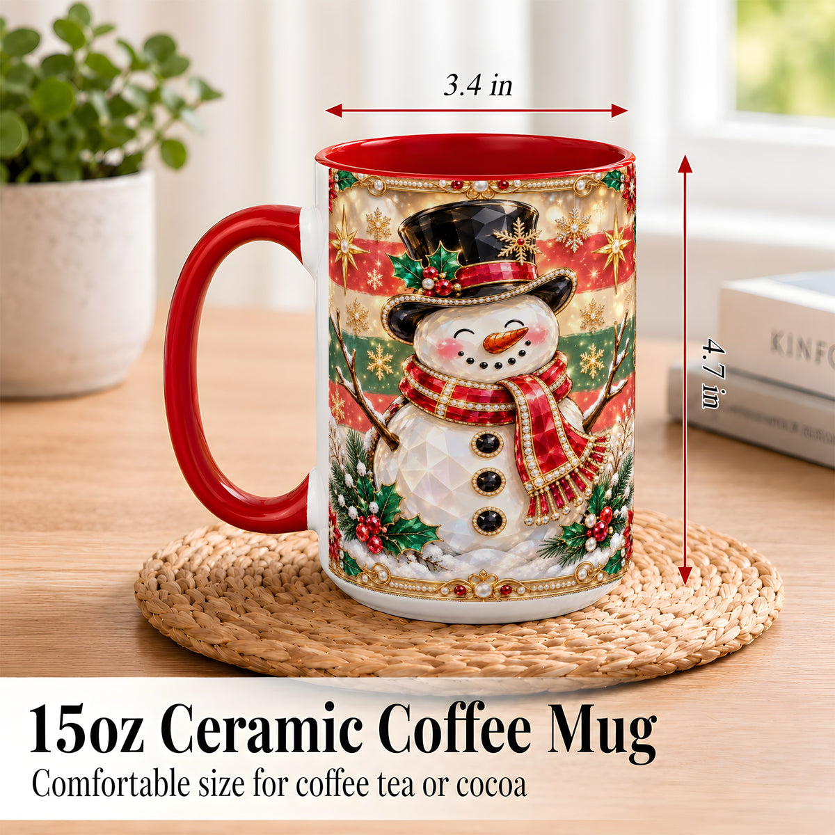 #pl[15oz|Red] Jeweled Top Hat Snowman Coffee Mug, Christmas Snowman Mug, Ceramic Cup