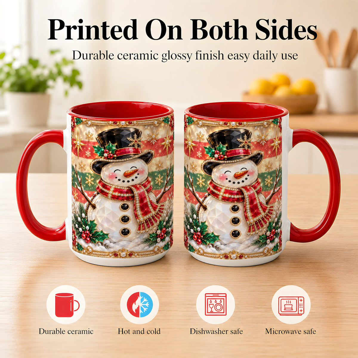 #pl[15oz|Red] Jeweled Top Hat Snowman Coffee Mug, Christmas Snowman Mug, Ceramic Cup