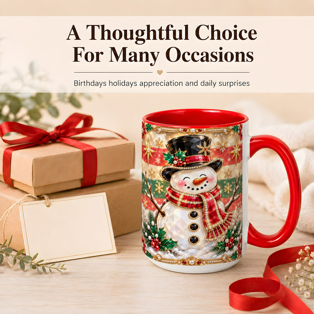 #pl[15oz|Red] Jeweled Top Hat Snowman Coffee Mug, Christmas Snowman Mug, Ceramic Cup