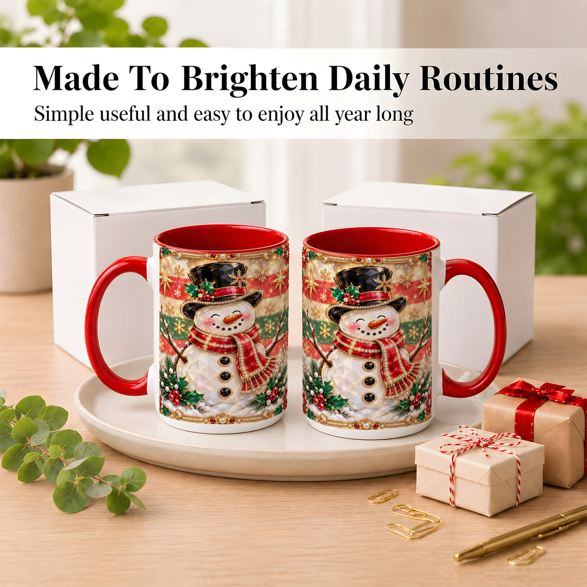 #pl[15oz|Red] Jeweled Top Hat Snowman Coffee Mug, Christmas Snowman Mug, Ceramic Cup
