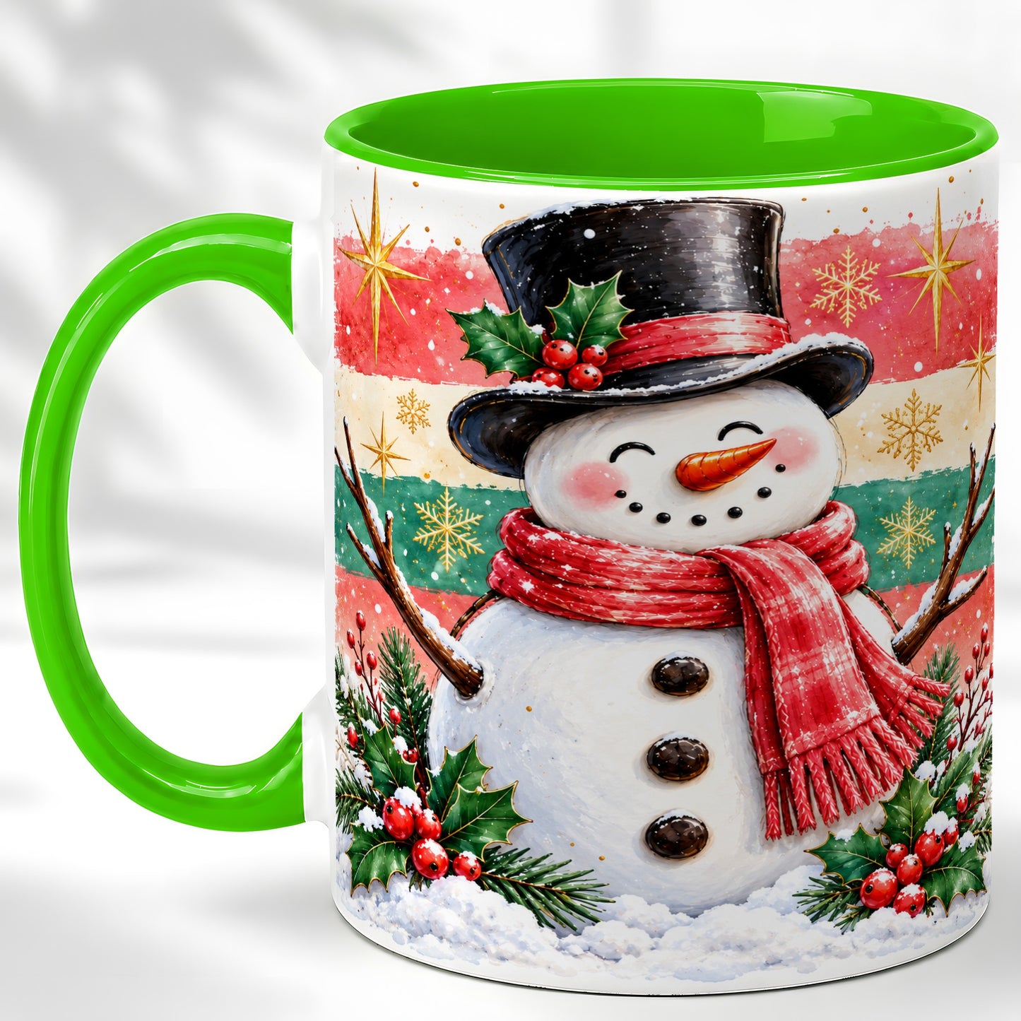 #pl[11oz|Green] Top Hat Snowman Coffee Mug, Christmas Snowman Mug, Ceramic Cup