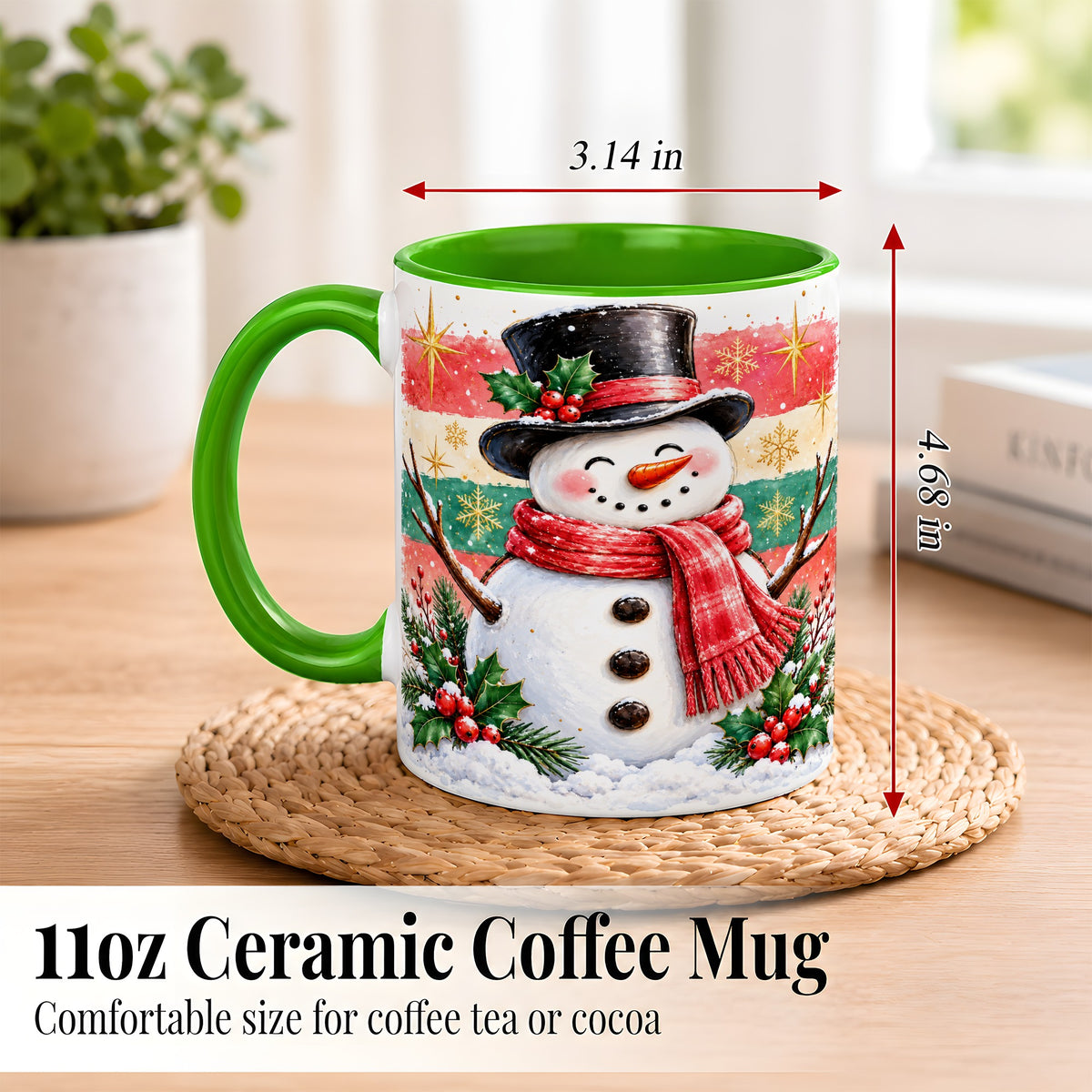 #pl[11oz|Green] Top Hat Snowman Coffee Mug, Christmas Snowman Mug, Ceramic Cup