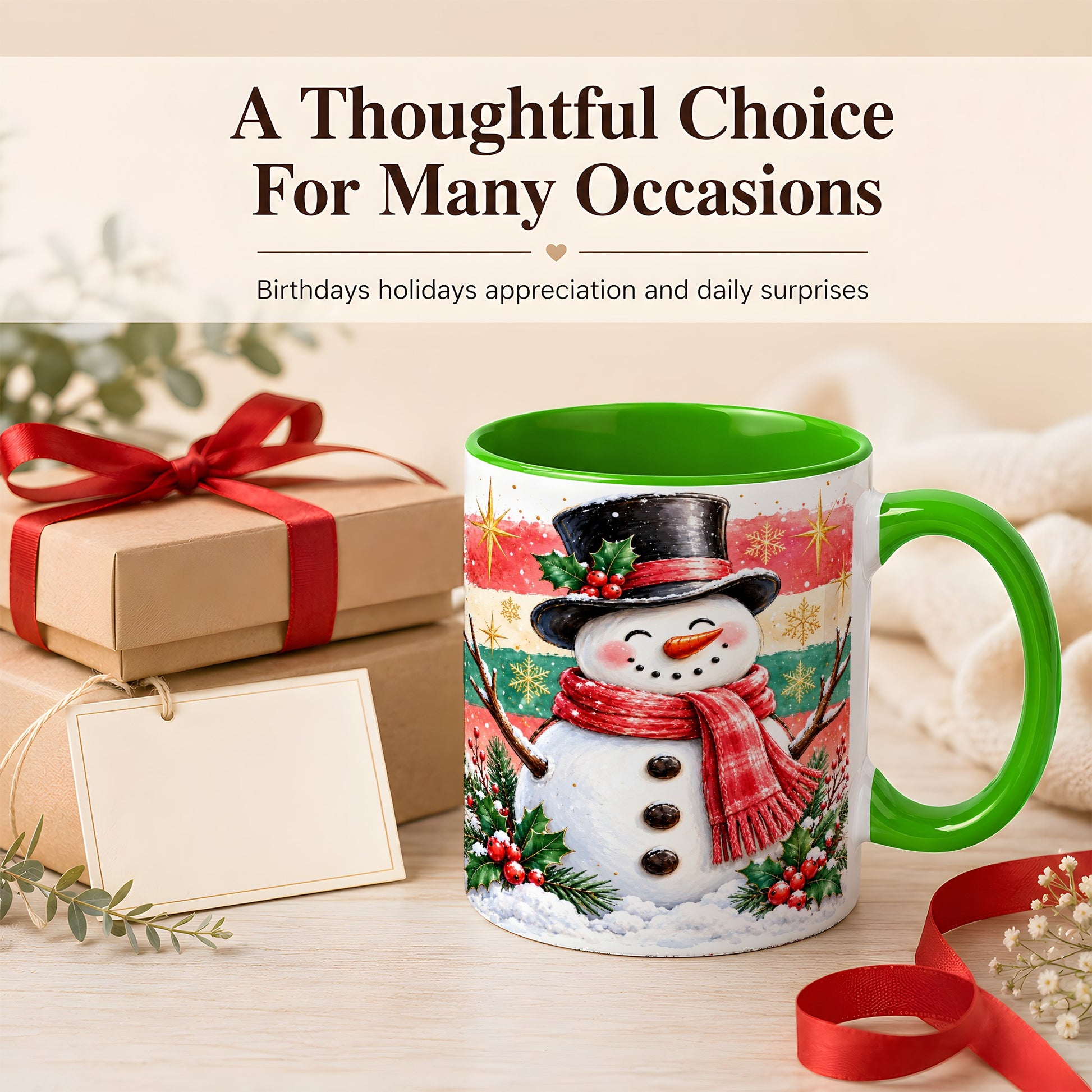 #pl[11oz|Green] Top Hat Snowman Coffee Mug, Christmas Snowman Mug, Ceramic Cup