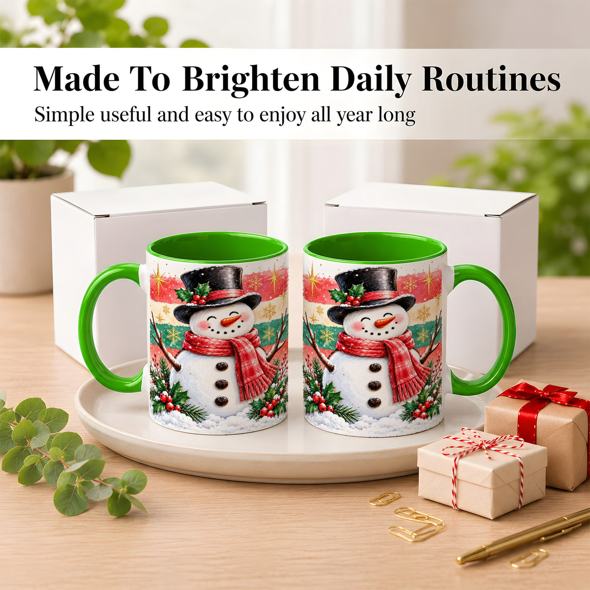 #pl[11oz|Green] Top Hat Snowman Coffee Mug, Christmas Snowman Mug, Ceramic Cup