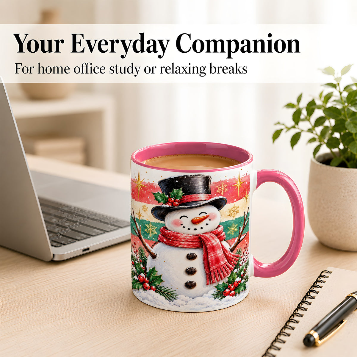 #pl[11oz|Pink] Top Hat Snowman Coffee Mug, Christmas Snowman Mug, Ceramic Cup