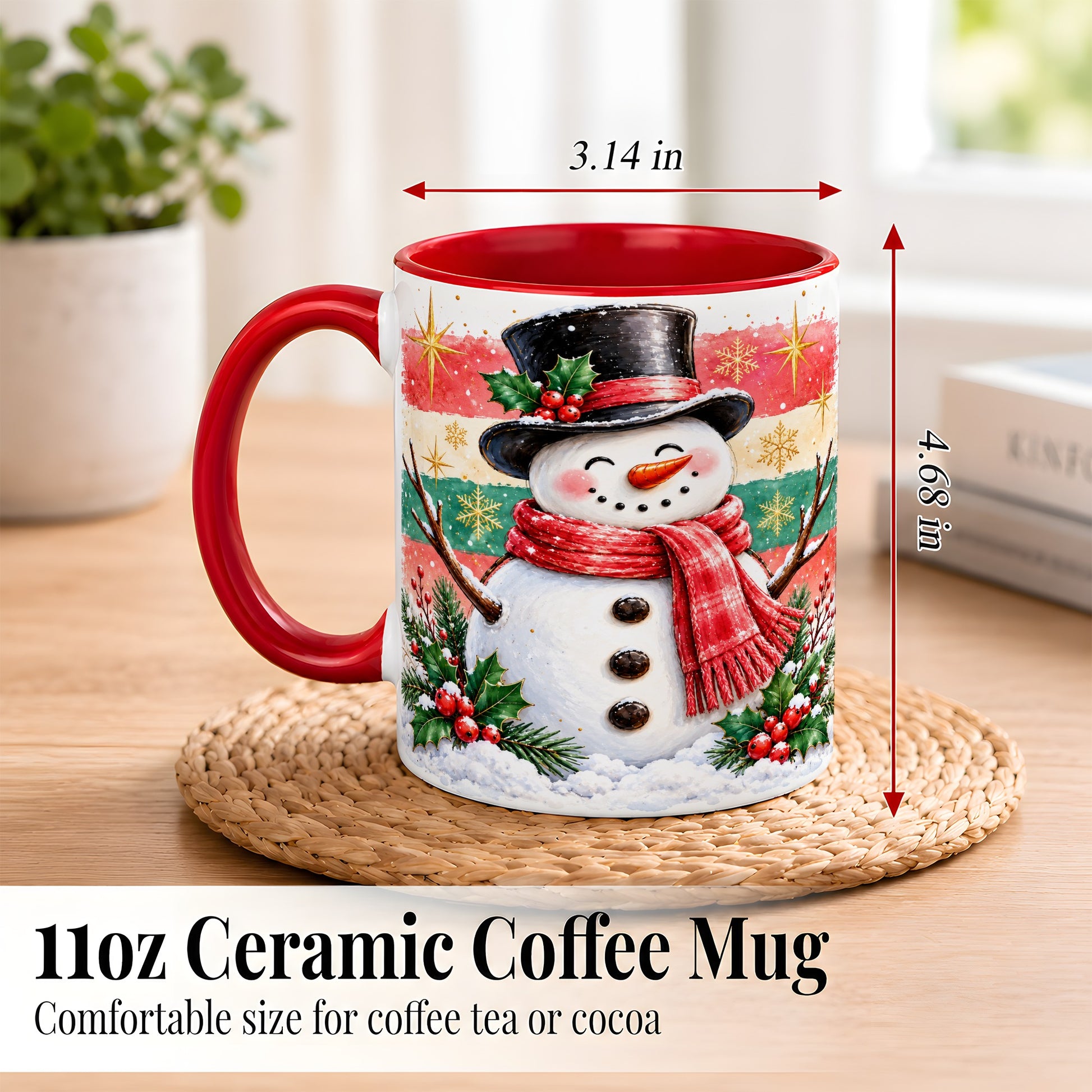 #pl[11oz|Red] Top Hat Snowman Coffee Mug, Christmas Snowman Mug, Ceramic Cup