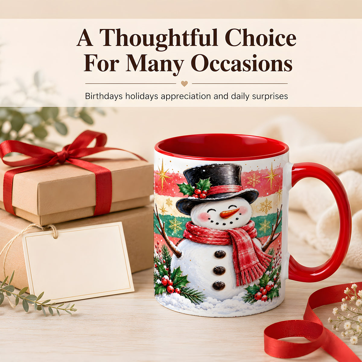 #pl[11oz|Red] Top Hat Snowman Coffee Mug, Christmas Snowman Mug, Ceramic Cup