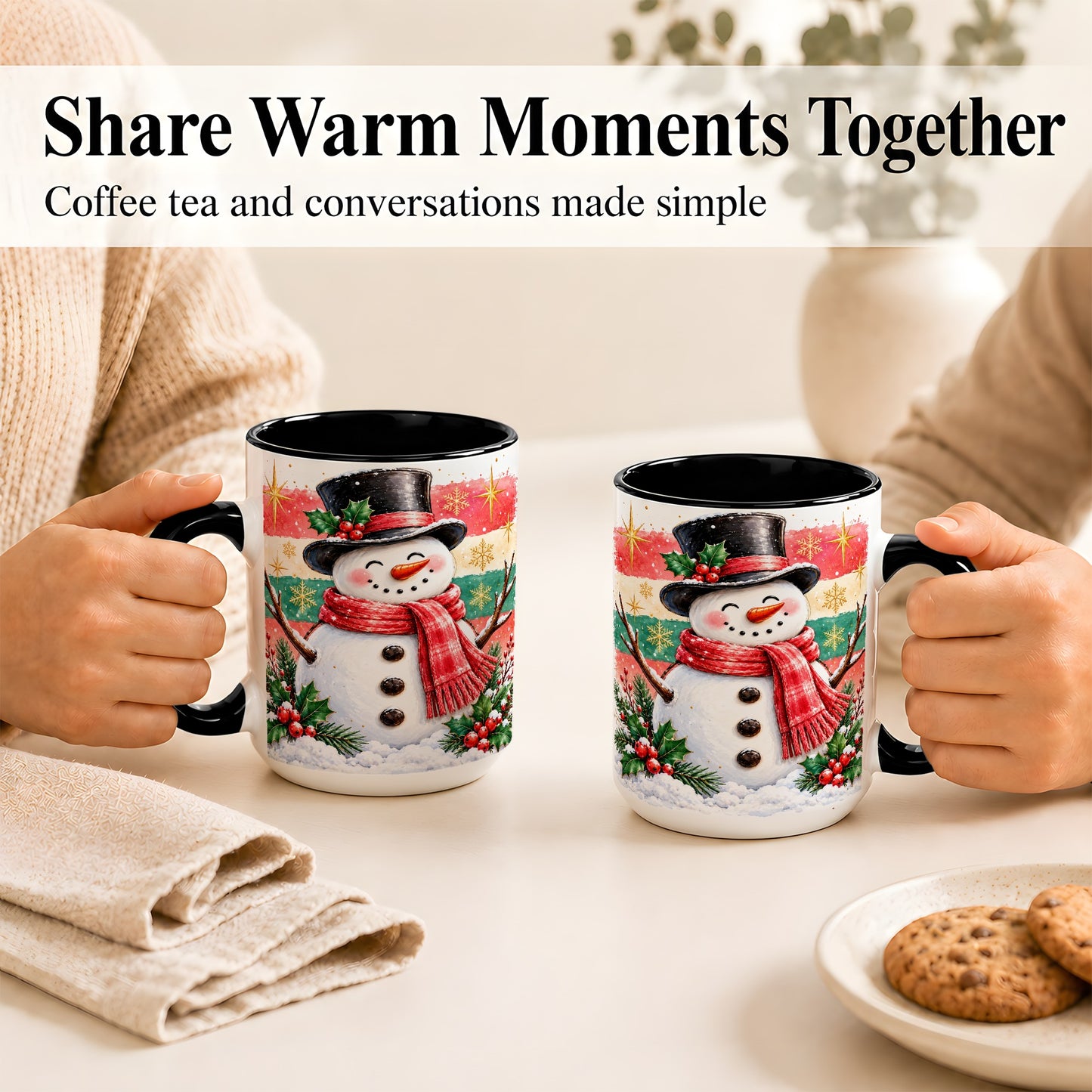 #pl[15oz|Black] Top Hat Snowman Coffee Mug, Christmas Snowman Mug, Ceramic Cup