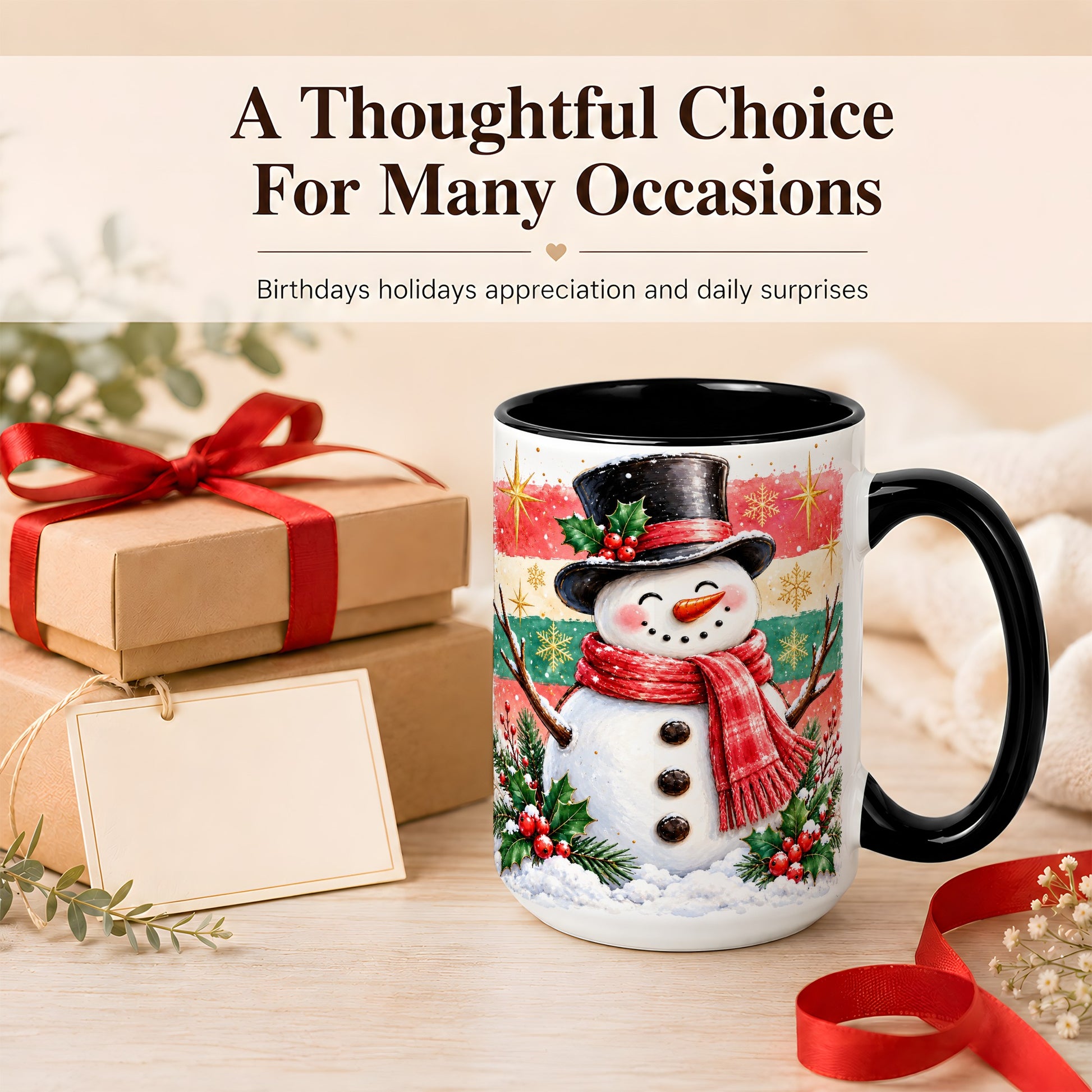 #pl[15oz|Black] Top Hat Snowman Coffee Mug, Christmas Snowman Mug, Ceramic Cup