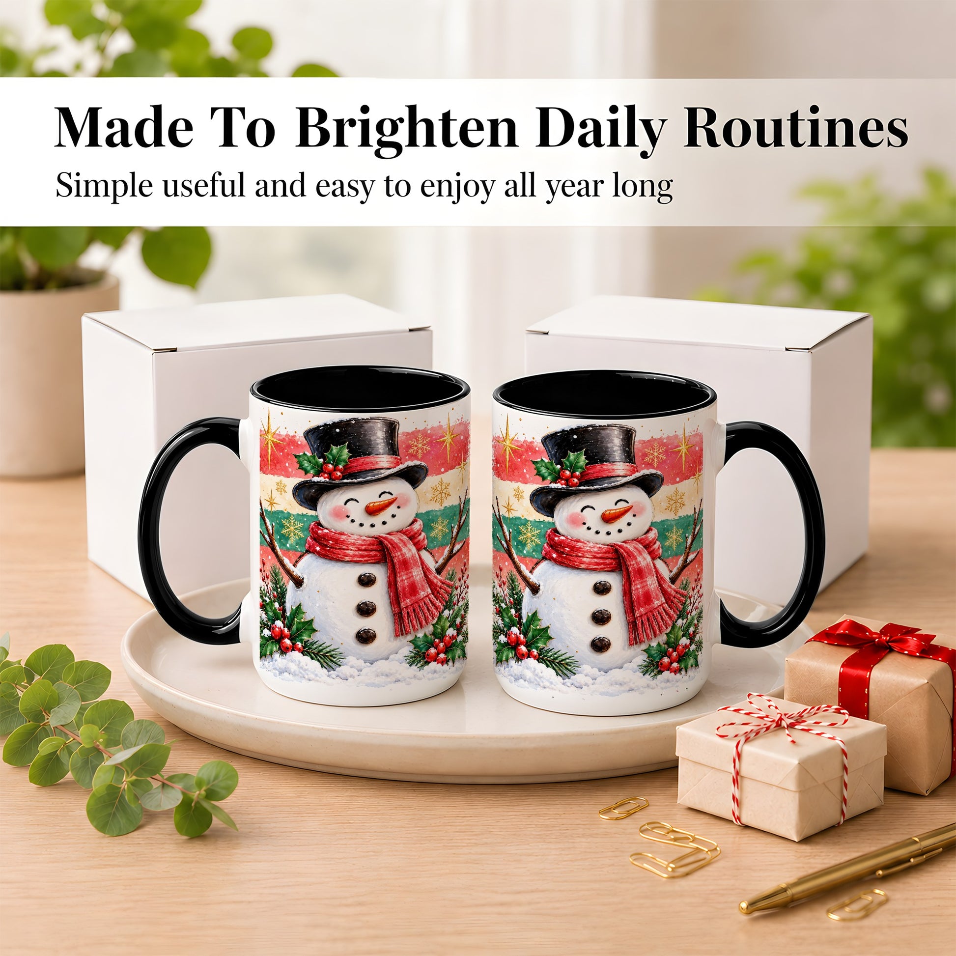 #pl[15oz|Black] Top Hat Snowman Coffee Mug, Christmas Snowman Mug, Ceramic Cup