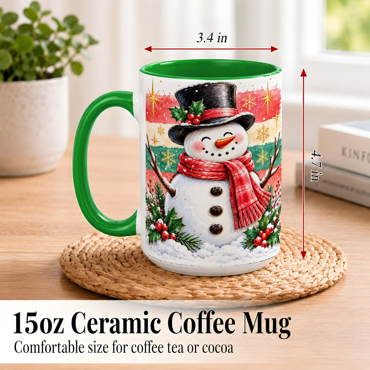 #pl[15oz|Green] Top Hat Snowman Coffee Mug, Christmas Snowman Mug, Ceramic Cup