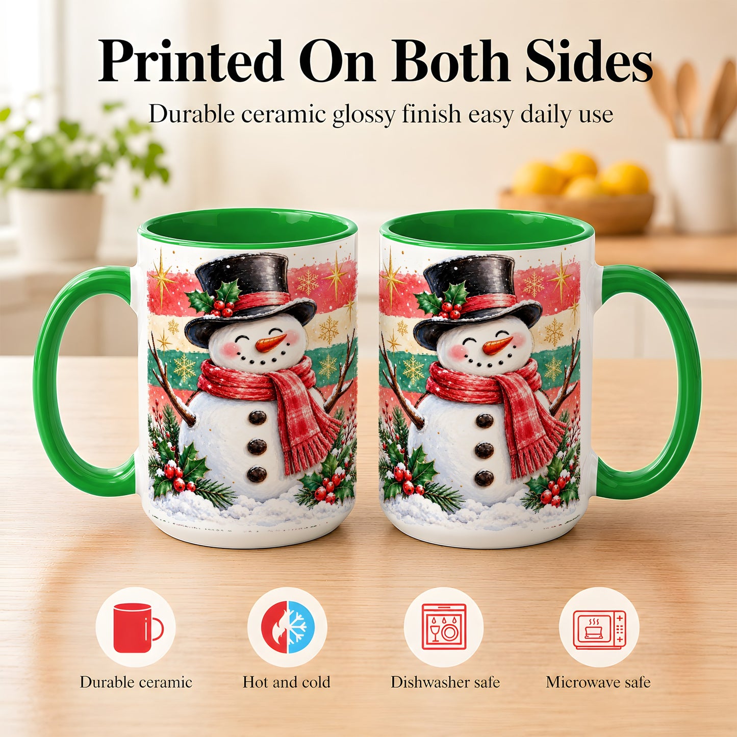 #pl[15oz|Green] Top Hat Snowman Coffee Mug, Christmas Snowman Mug, Ceramic Cup