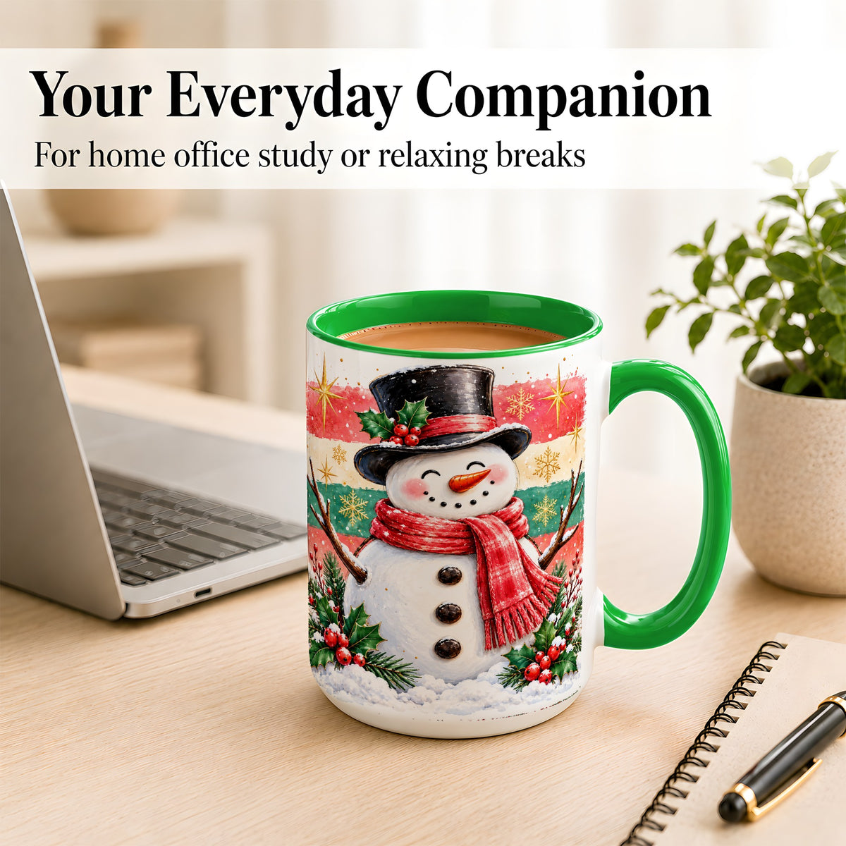 #pl[15oz|Green] Top Hat Snowman Coffee Mug, Christmas Snowman Mug, Ceramic Cup