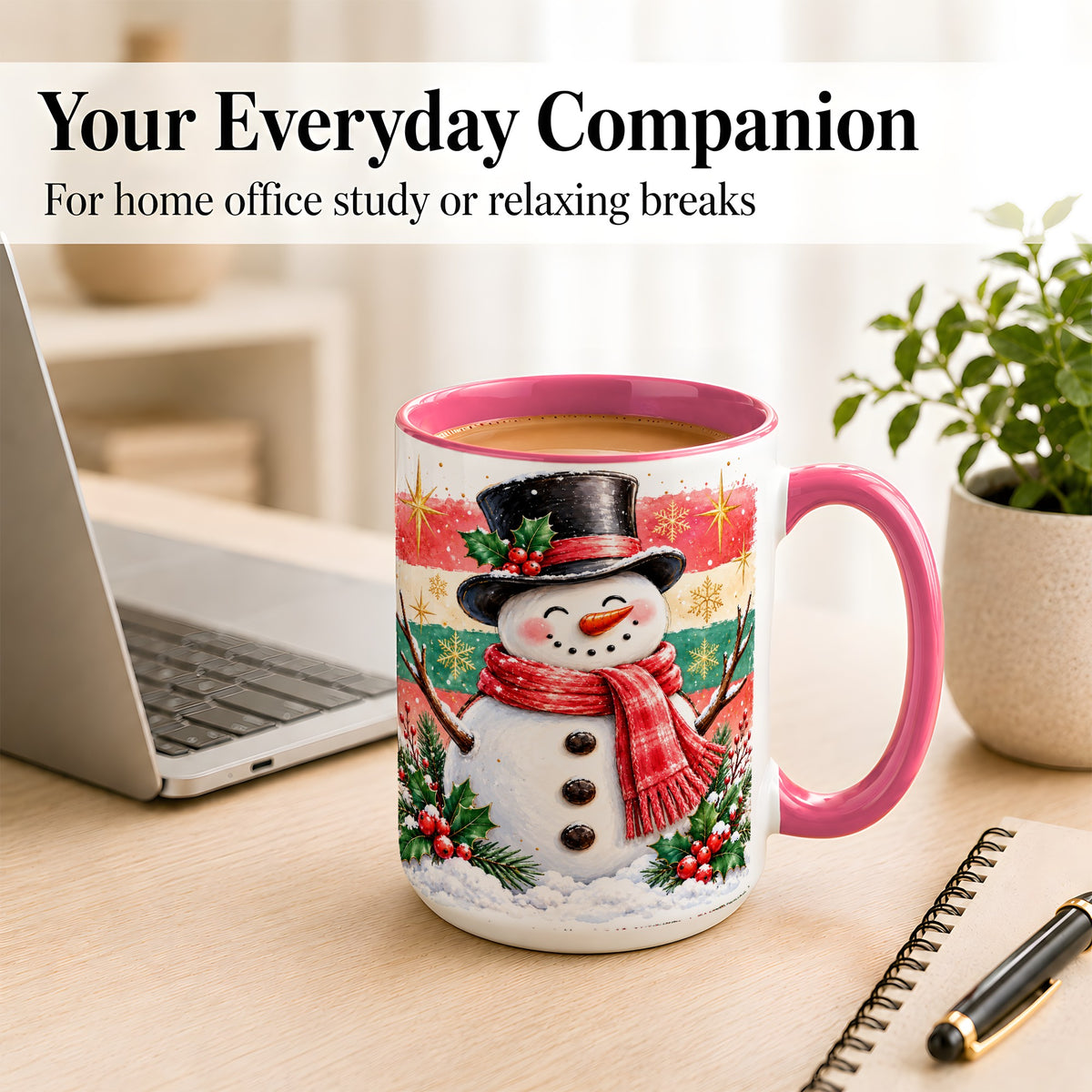 #pl[15oz|Pink] Top Hat Snowman Coffee Mug, Christmas Snowman Mug, Ceramic Cup