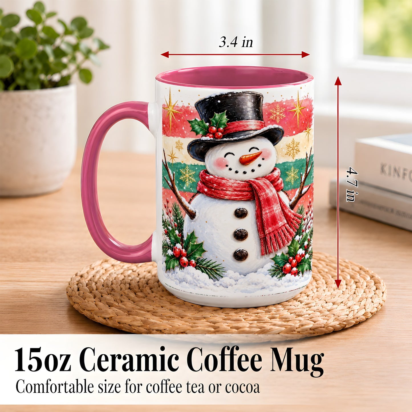#pl[15oz|Pink] Top Hat Snowman Coffee Mug, Christmas Snowman Mug, Ceramic Cup