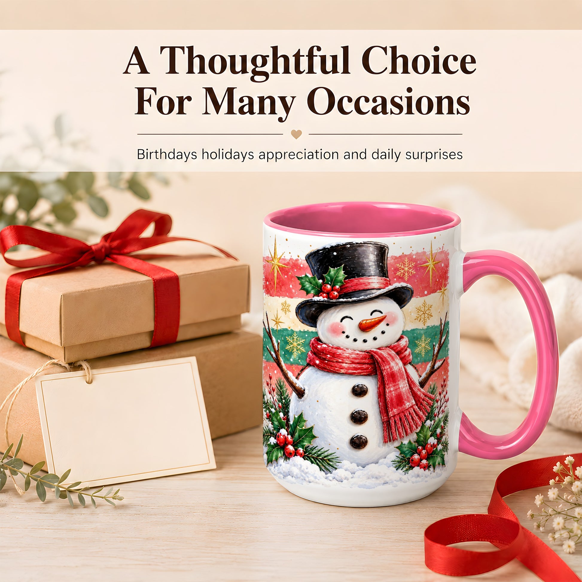 #pl[15oz|Pink] Top Hat Snowman Coffee Mug, Christmas Snowman Mug, Ceramic Cup