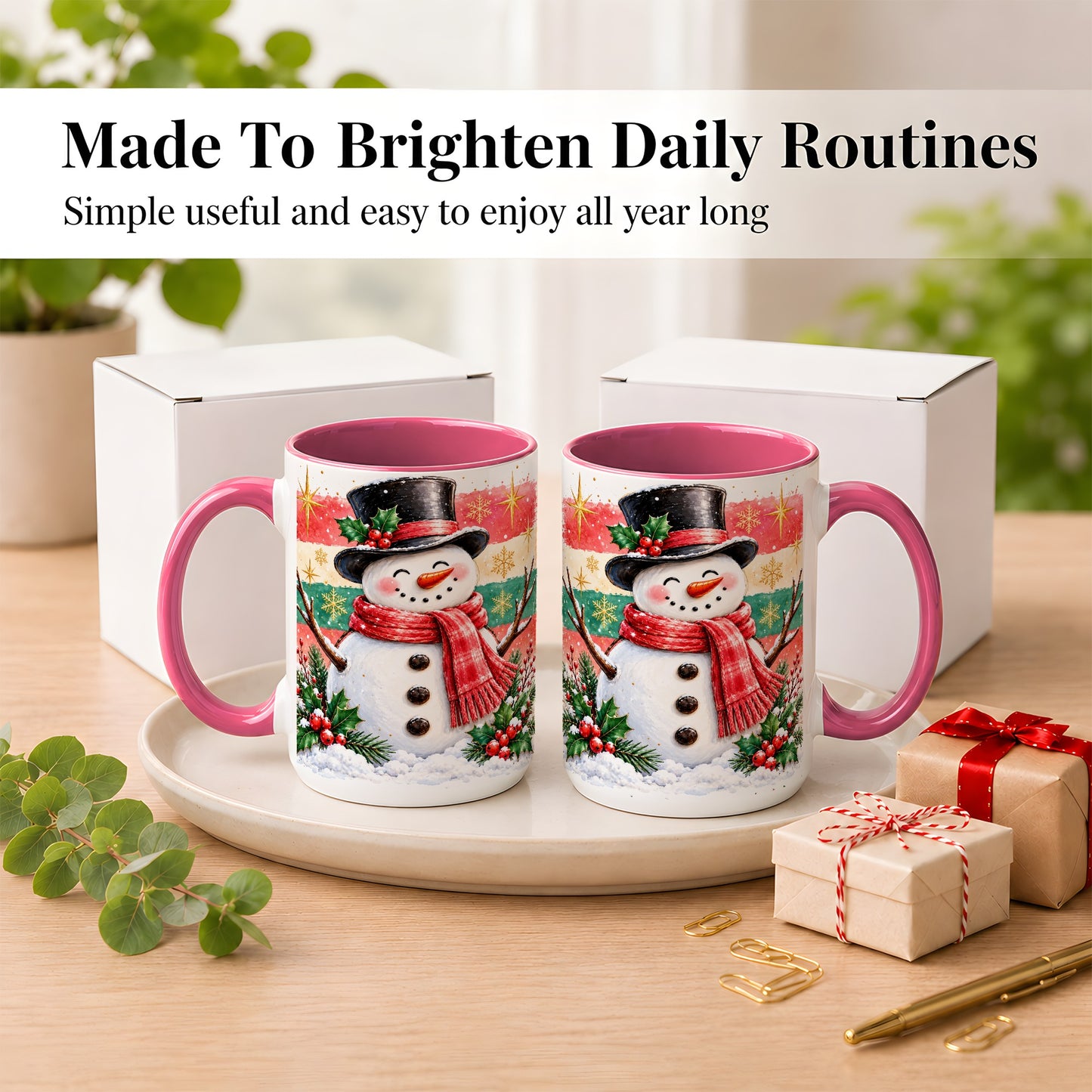 #pl[15oz|Pink] Top Hat Snowman Coffee Mug, Christmas Snowman Mug, Ceramic Cup