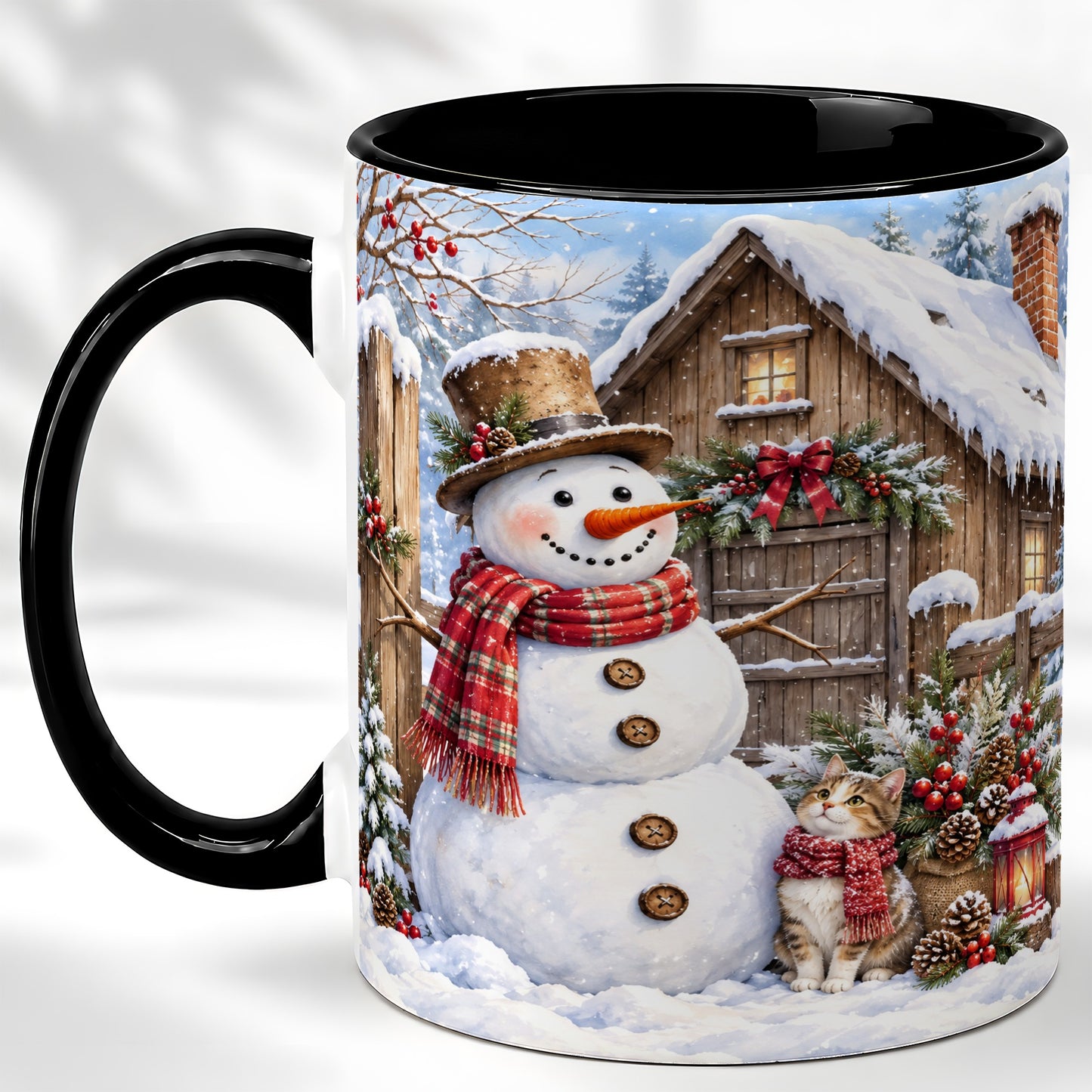 #pl[11oz|Black] Snowman and Cat Coffee Mug, Cozy Winter Cabin Mug, Ceramic Cup