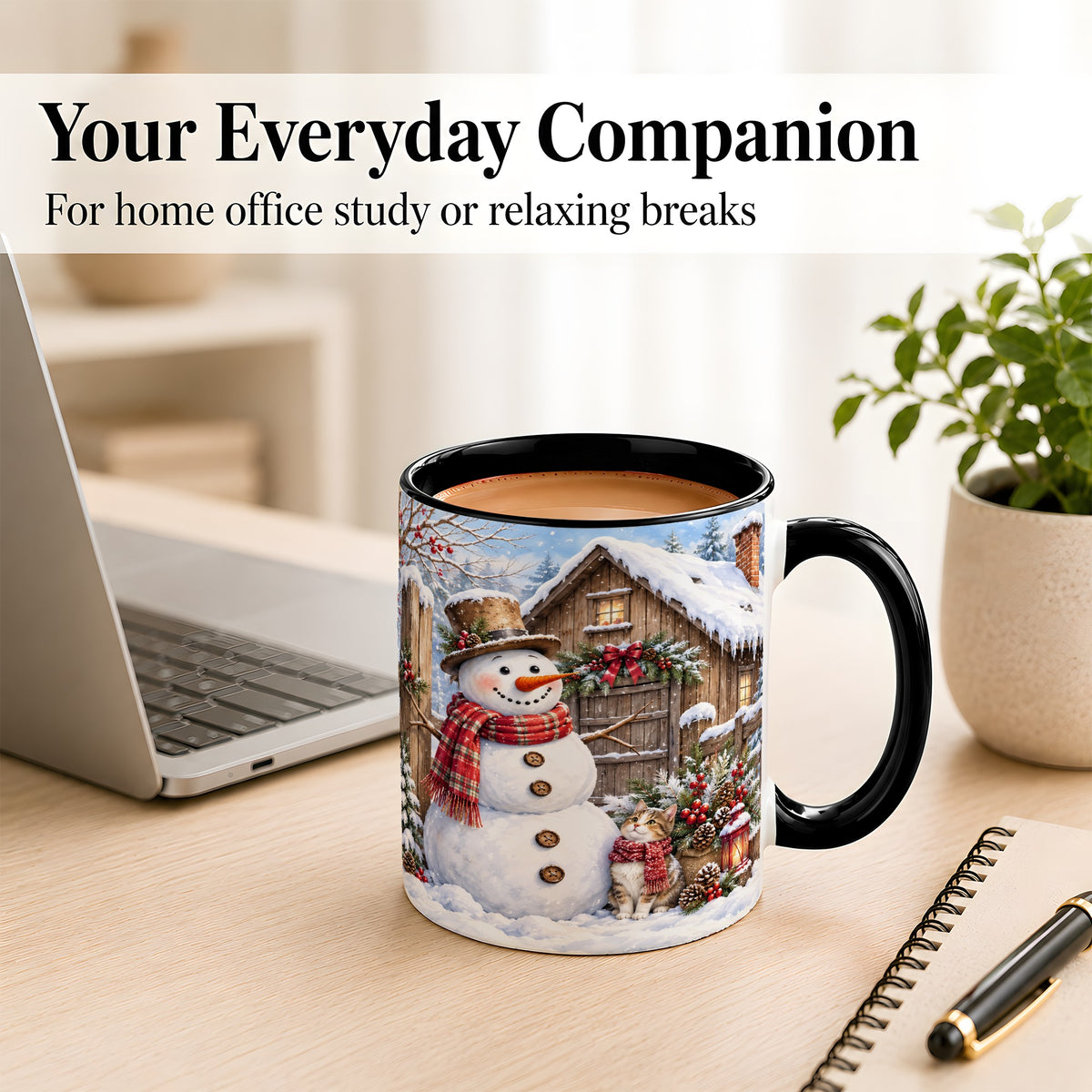 #pl[11oz|Black] Snowman and Cat Coffee Mug, Cozy Winter Cabin Mug, Ceramic Cup