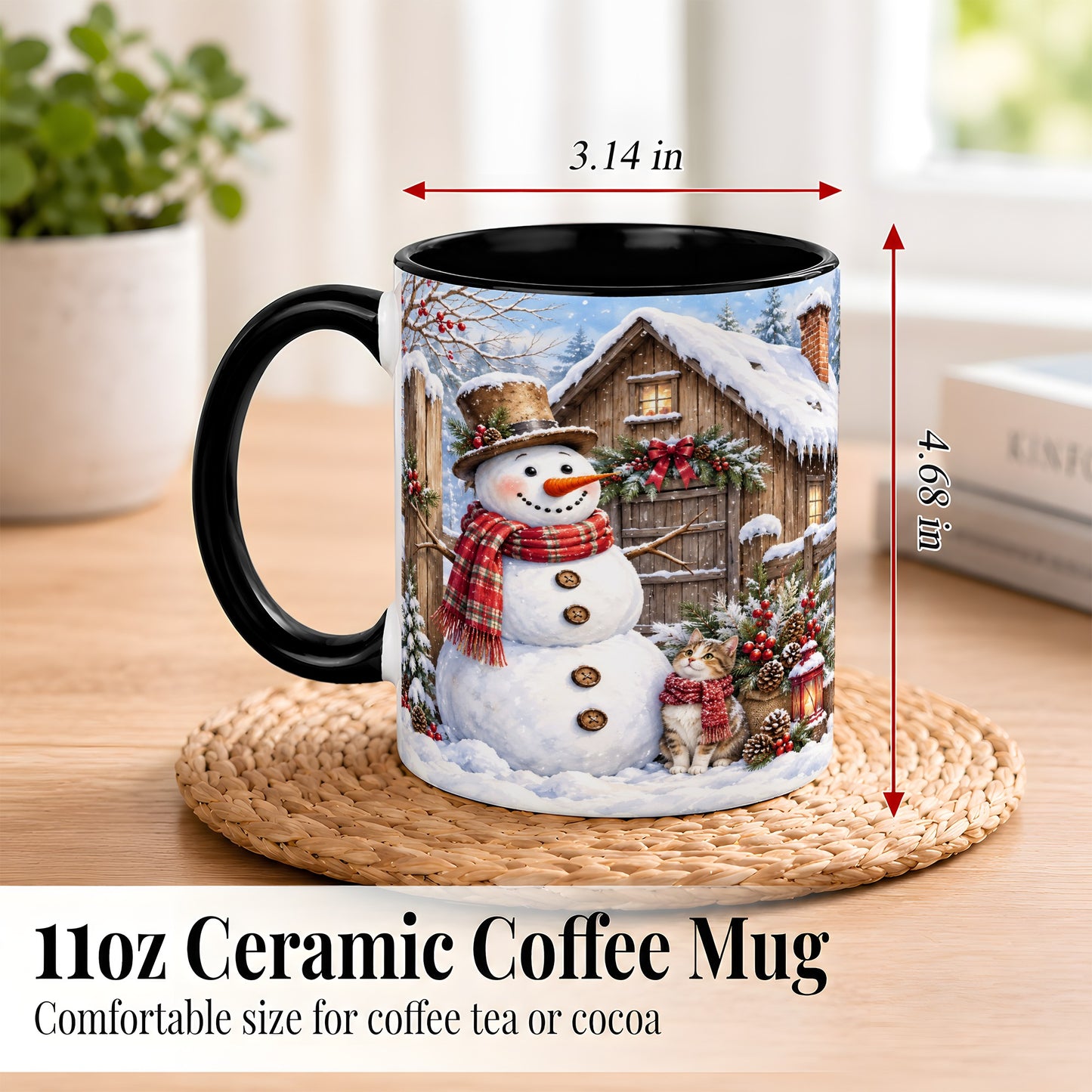 #pl[11oz|Black] Snowman and Cat Coffee Mug, Cozy Winter Cabin Mug, Ceramic Cup