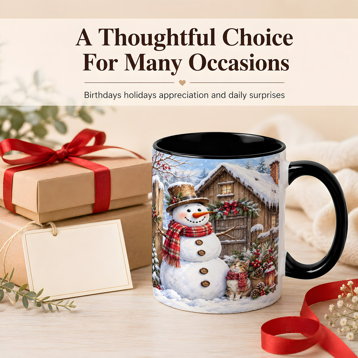 #pl[11oz|Black] Snowman and Cat Coffee Mug, Cozy Winter Cabin Mug, Ceramic Cup